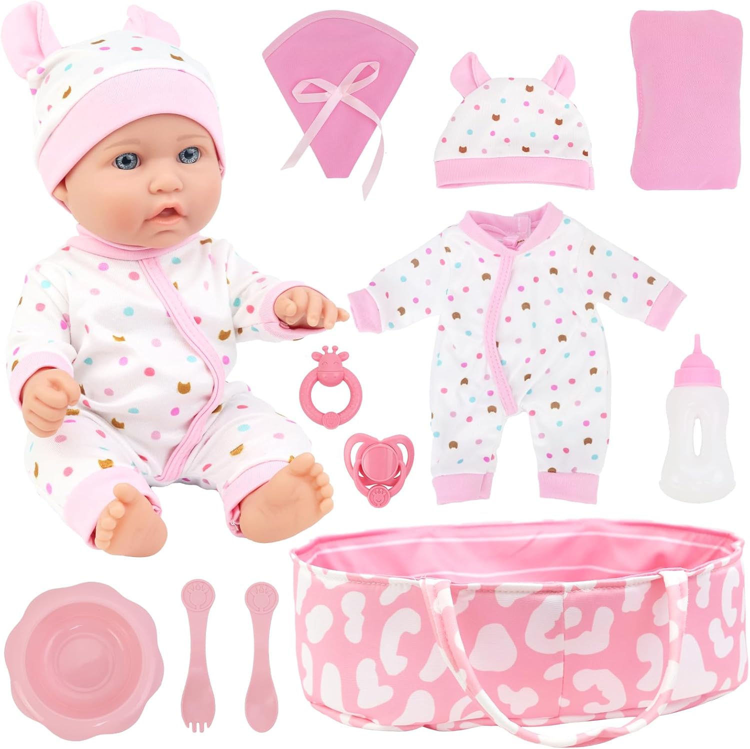 ZITA ELEMENT 12 Inch Baby Doll with Accessories for Baby Doll Reborn Includes Carrier Bassinet Bed, Pacifier, Blanket, Pillow, Feeding Set, New Born Doll Playset for Toddlers 3 Ages and Up