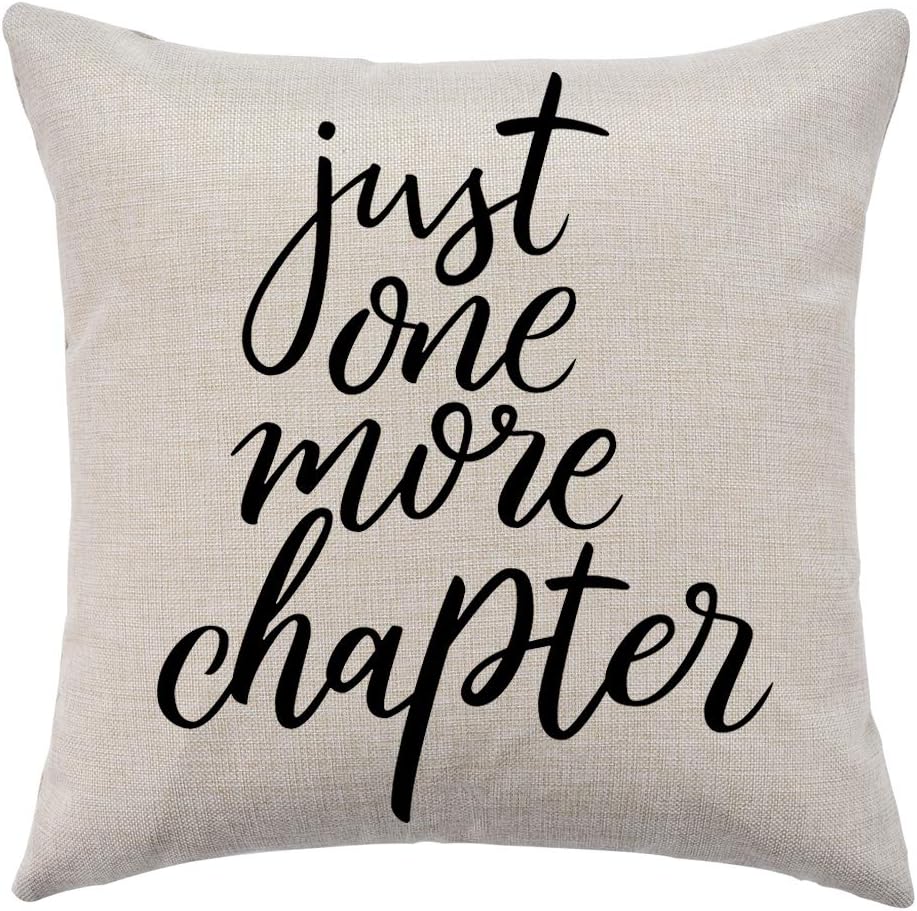 Just One More Chapter Decorative Throw Pillow Cover 18"x 18", Faux Linen Farmhouse Pillow Case Cushion Cover for Bed and Couch