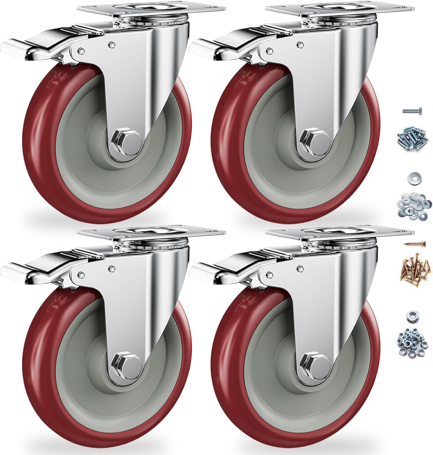 5 Inch Heavy Duty Casters with Brake - Set of 4, 1400lbs Capacity, Double Ball Bearing Non-Marking Caster Wheels, Plate Mount for Furniture, Cart, Workbench, Tool Cabinet, Garage Storage (4 Pack)