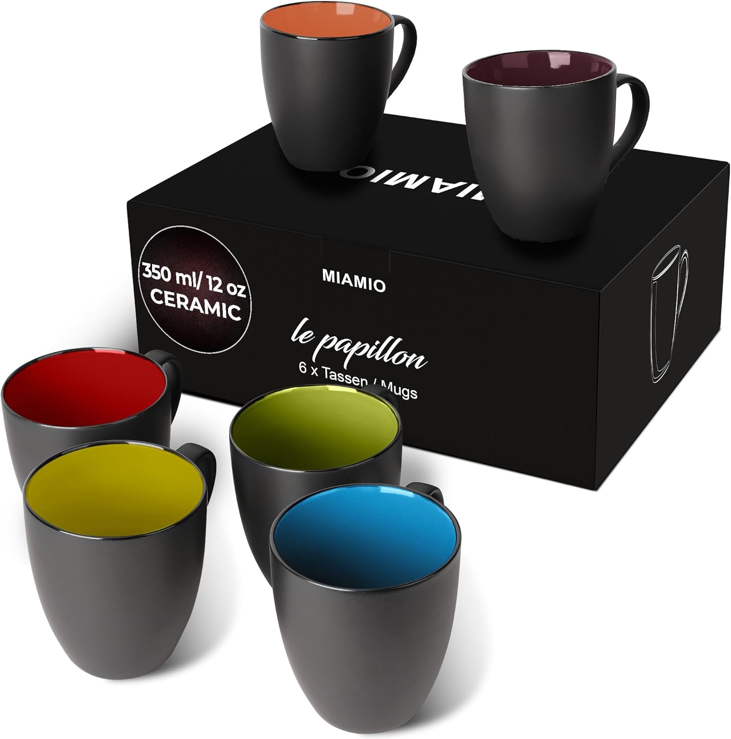 MIAMIO - 6 x 350 ml Stoneware Coffee Mug/Cup Set - Le Papillon Collection (Black-Colourful)
