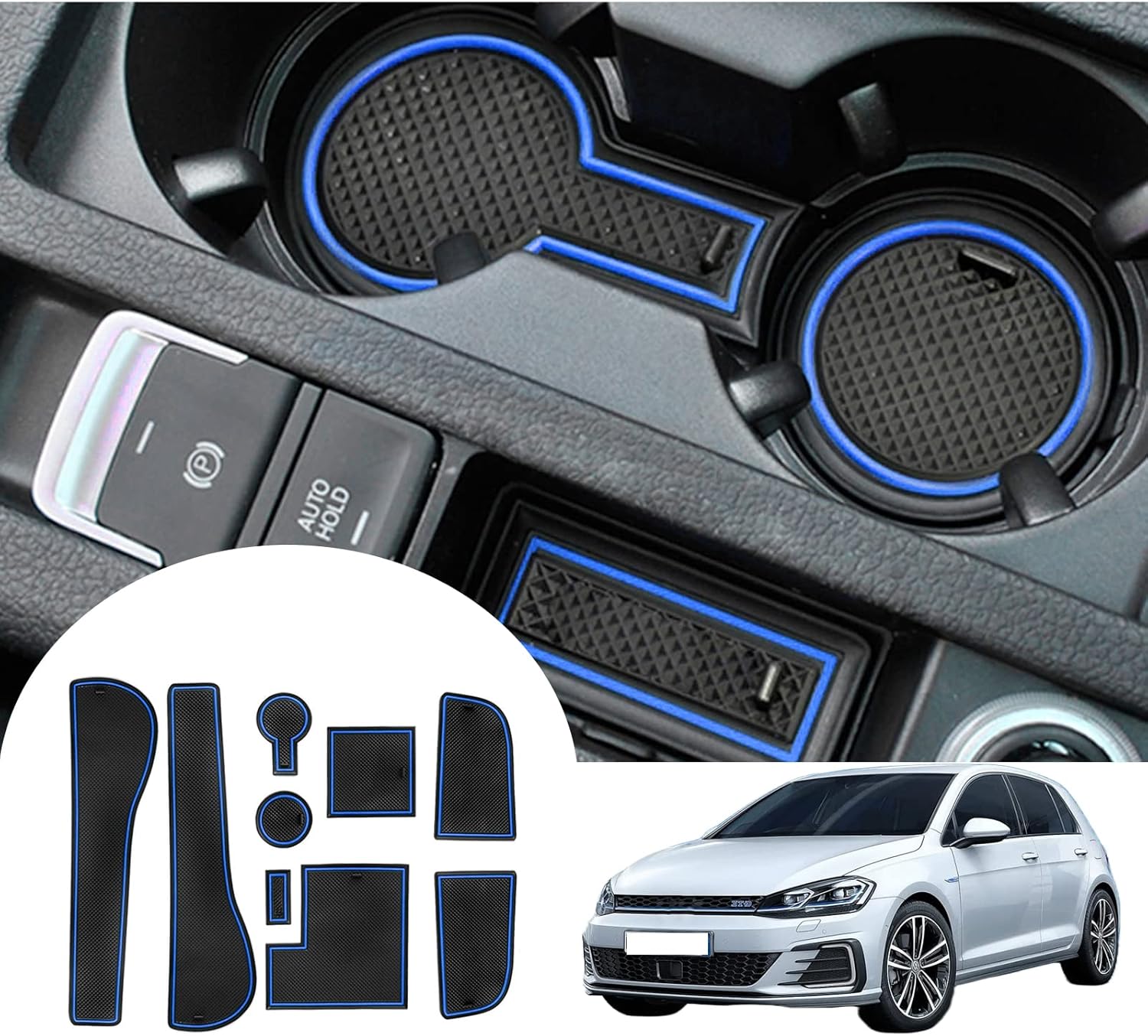 [UK Right Hand Drive] GAFAT V W Golf 7 7.5 2014-2019 Non-Slip Mats for Golf 7 GTI Variant R GTD GTE, Golf 7 Rubber Mats for Centre Console Armrest, Cup Holder Mats, Door Seam Mat (Blue)