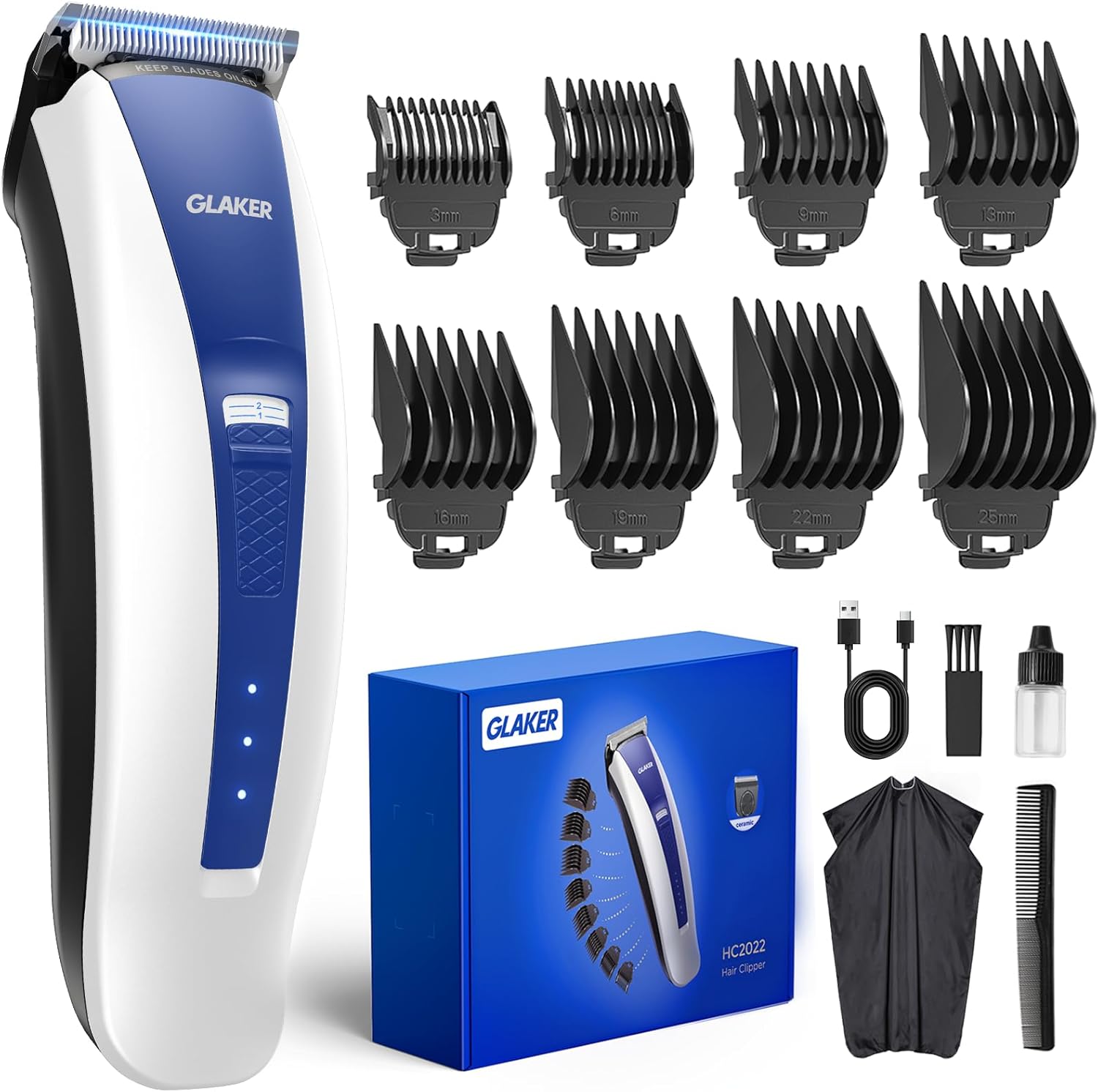 GLAKER Clippers for Hair Cutting - Cordless 2 in 1 Versatile Hair Trimmer with 8 Guards,Professional Barber Kit for Barbershop, Ideal Gift for Men