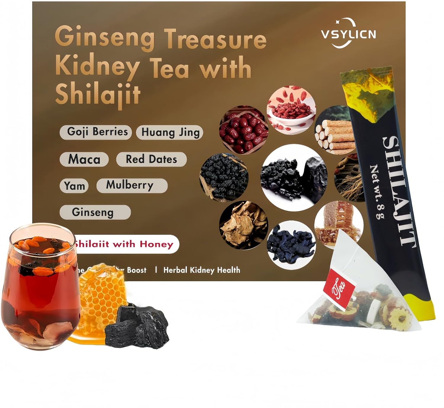 Shilajit Resin Honey Sticks & Ginseng Treasure Kidney Tea | Natural Liver Detox Kidney Chinese Cleansing Tea for Male Enhancement Support Booster | Energy Boost, Kidney Health Support