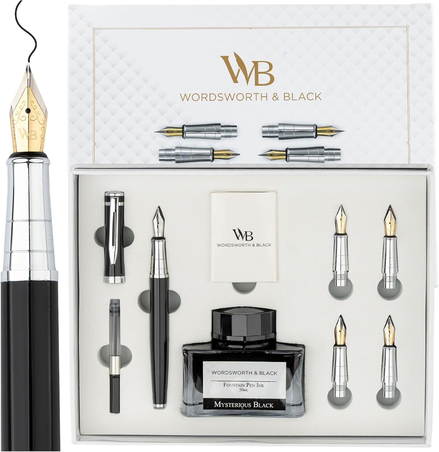 Wordsworth & Black Fountain Pen Gift Set, Includes Ink Bottle, 6 Cartridges & Refill Converter, 4 Nibs, Premium Package for Journaling and Calligraphy, Smooth Writing Pens [Black Chrome]