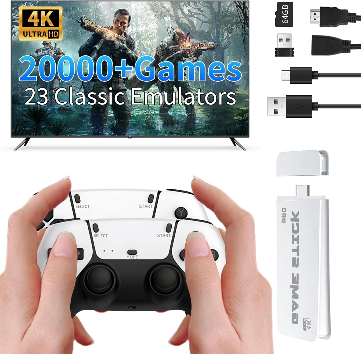 Kiyicjk Wireless Retro Game Console Stick, Video Game Console Built-in 20,000+ Classic Games with 23 Emulators, 4k HDMI Output Plug & Play TV Game Consoles with Dual 2.4GHz Wireless Controllers, 64GB