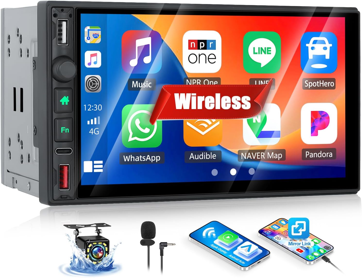 OiLiehu Double Din Car Stereo Wireless CarPlay Android Auto, 7" Car Radio 2 Din with IPS Touchscreen, MP5 Multimedia Player with Mirror Link, Bluetooth, FM/AM/RDS, USB, Type-C, EQ, SWC, Backup Camera