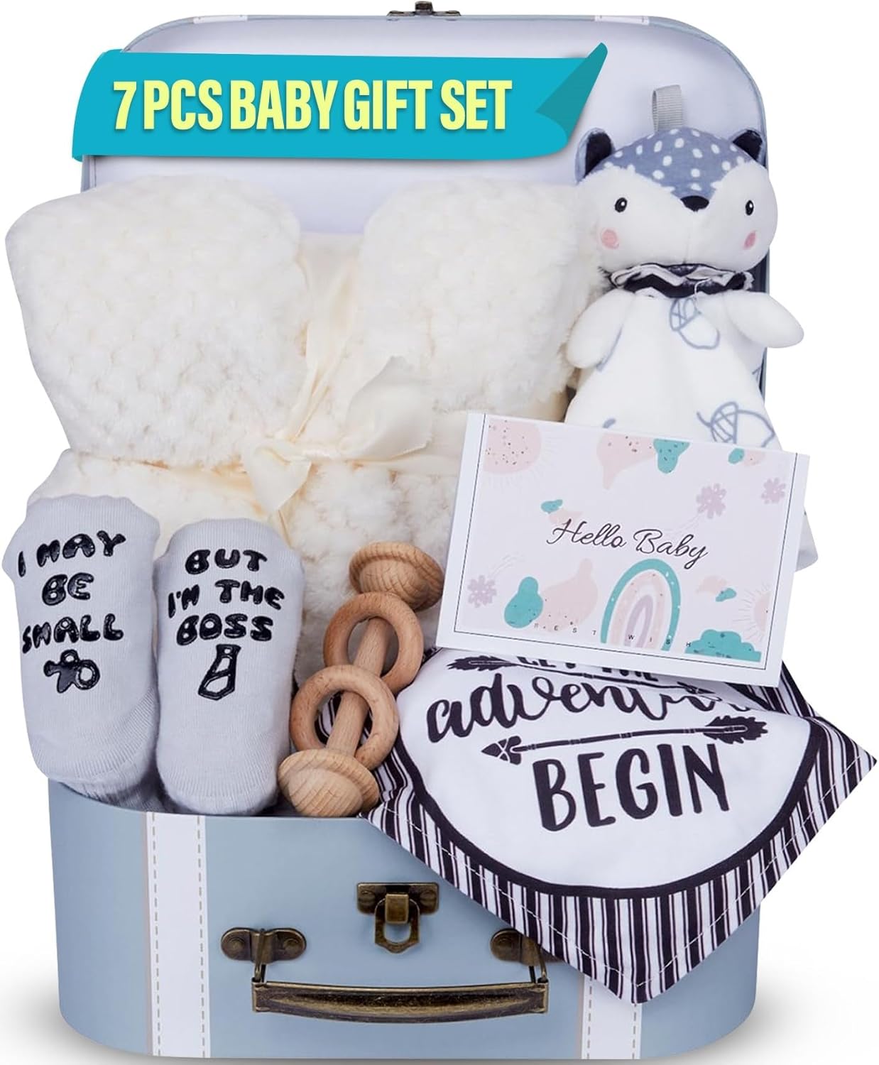 Set | 7 Pieces Baby Gift Box for Infant Boy or Girls 0-12 Months | Cute with Newborn Blanket, Security Blanket, Wooden Rattle Toy, Baby Bib and Socks, Greeting Card
