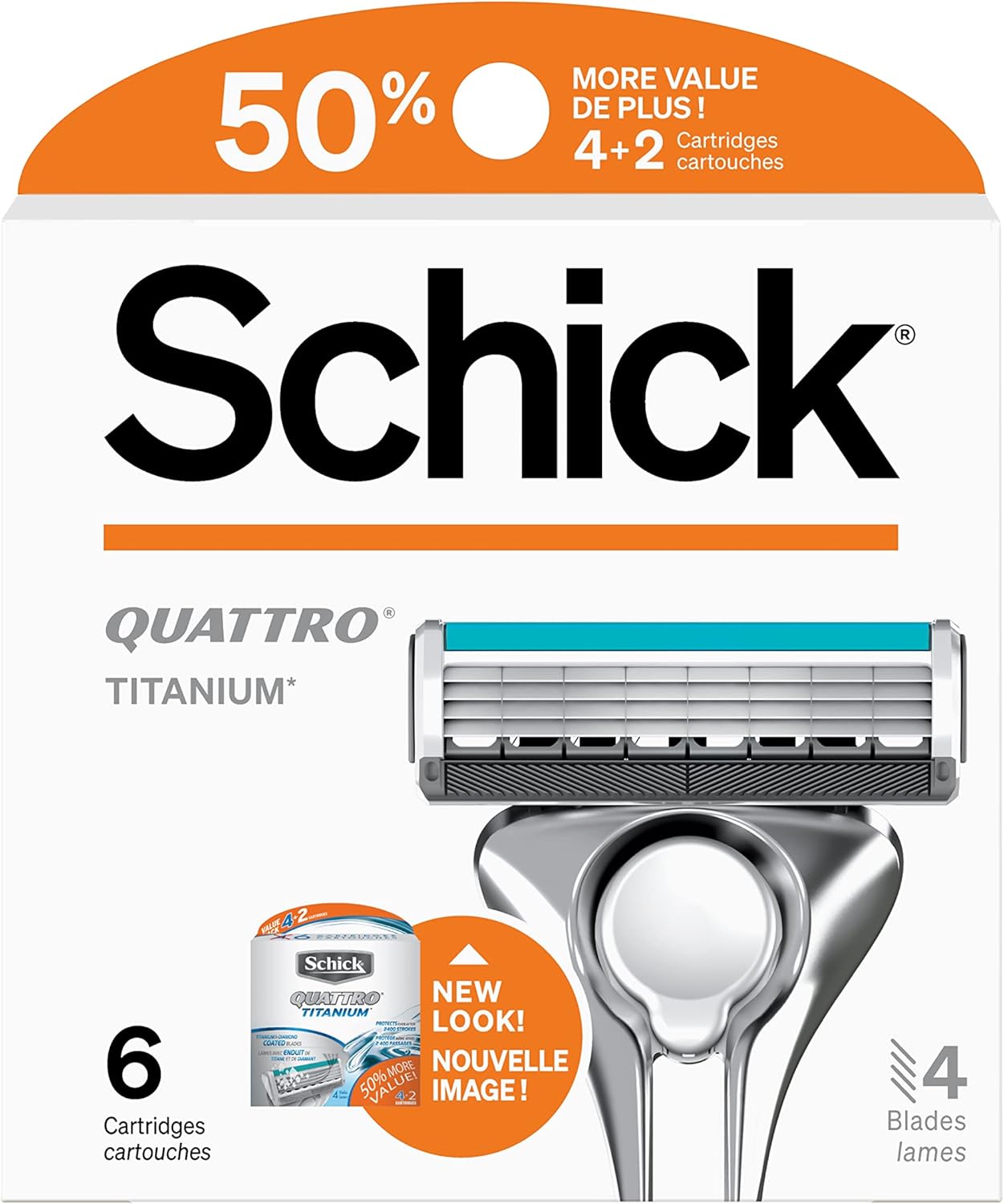 Schick Quattro Titanium Razor Blade Refills for Men Value Pack, 6 Count