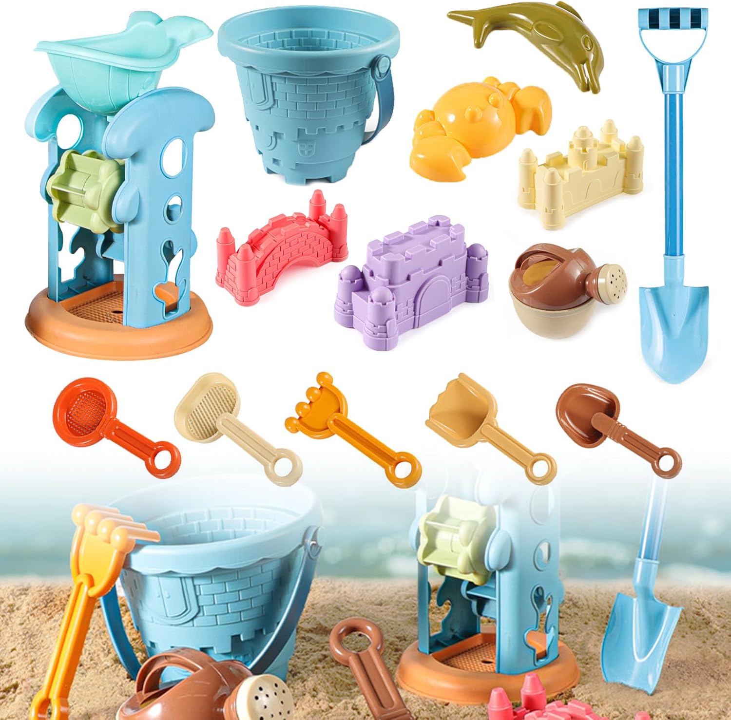 Bucket and Spade Beach Set Kids - 14pcs Beach Toys with Animal & Castle Molds, Bucket and Spade Set, Mesh Bag, Sand Toys Outdoor Fun Tools for Boys Girls