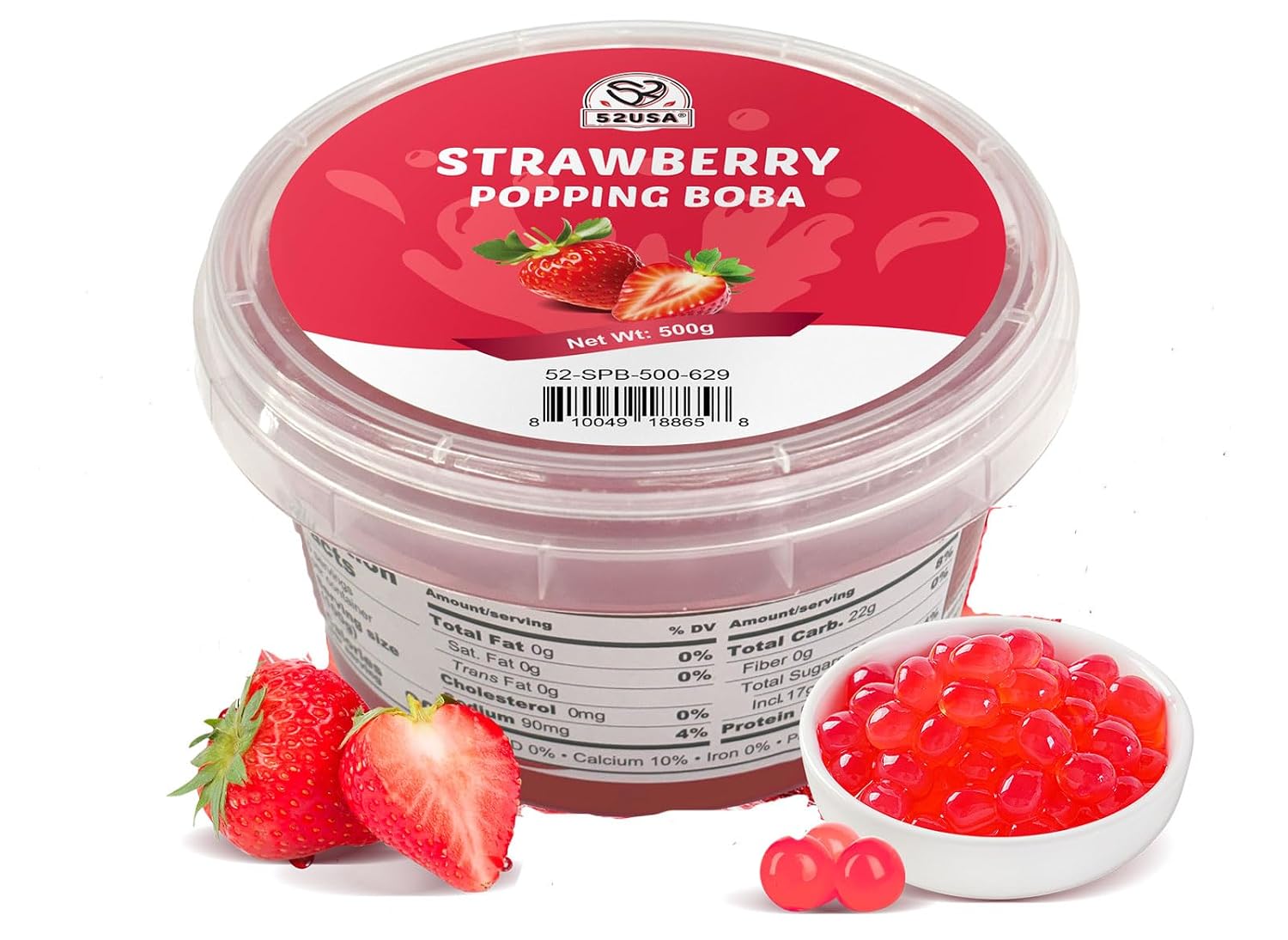 52USA Strawberry Popping Boba 500g, Pack of Bursting Strawberry Flavor Pearls for Bubble Tea, Desserts, and Beverages