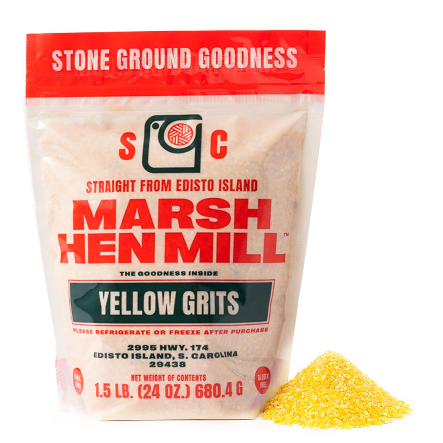 Marsh Hen Mill Sea Island Yellow Grits | Stone Ground Grits | Gluten Free Old Fashioned Grits | Southern Heirloom Corn Grits with a Hearty, Fruity, Nutty Flavor | 100% Natural | 24 Oz (Pack of 1)