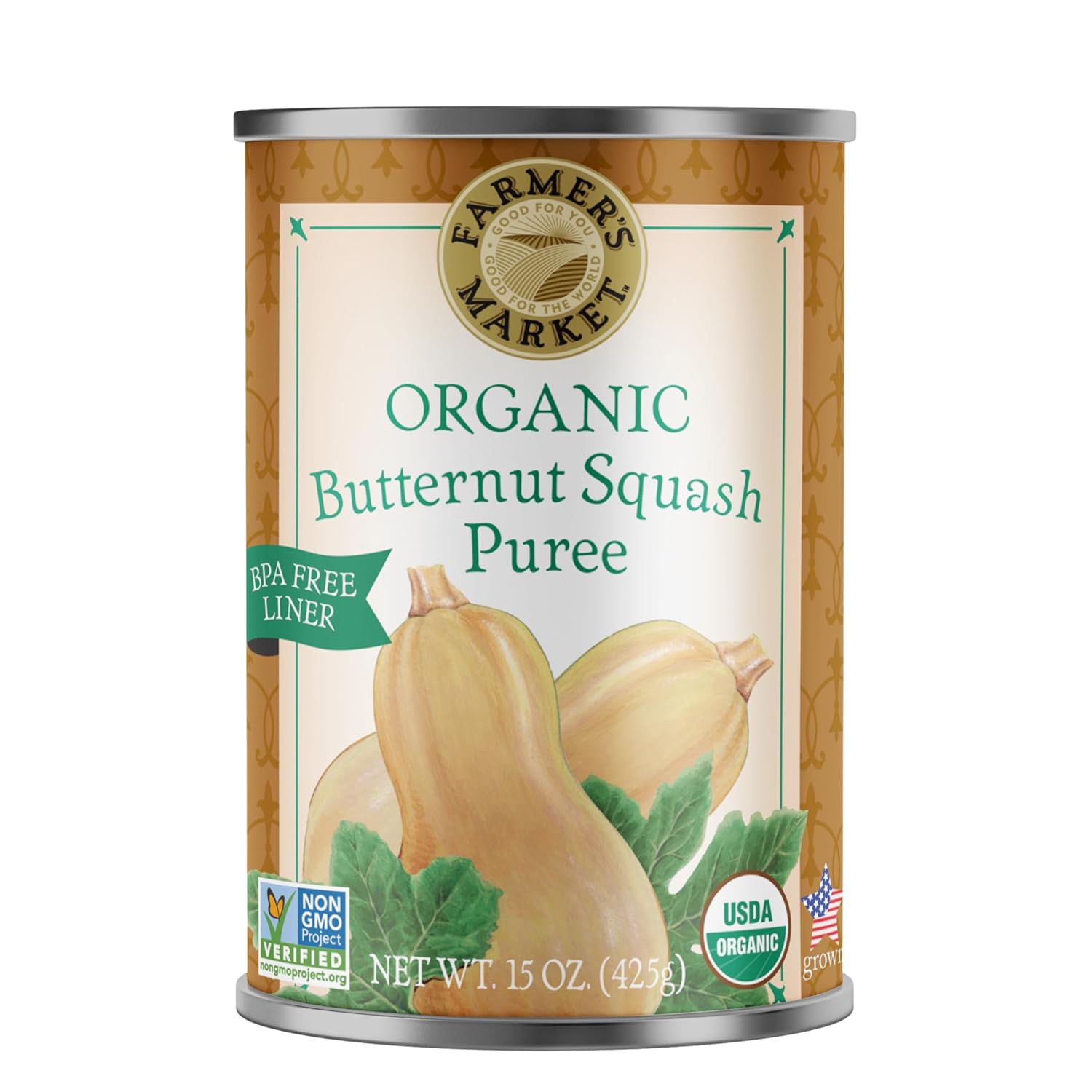 Farmer's Market Foods Organic Butternut Squash Puree, Kosher, USDA Certified Organic, Gluten Free & Non-GMO, 15 Ounce (Pack of 12)