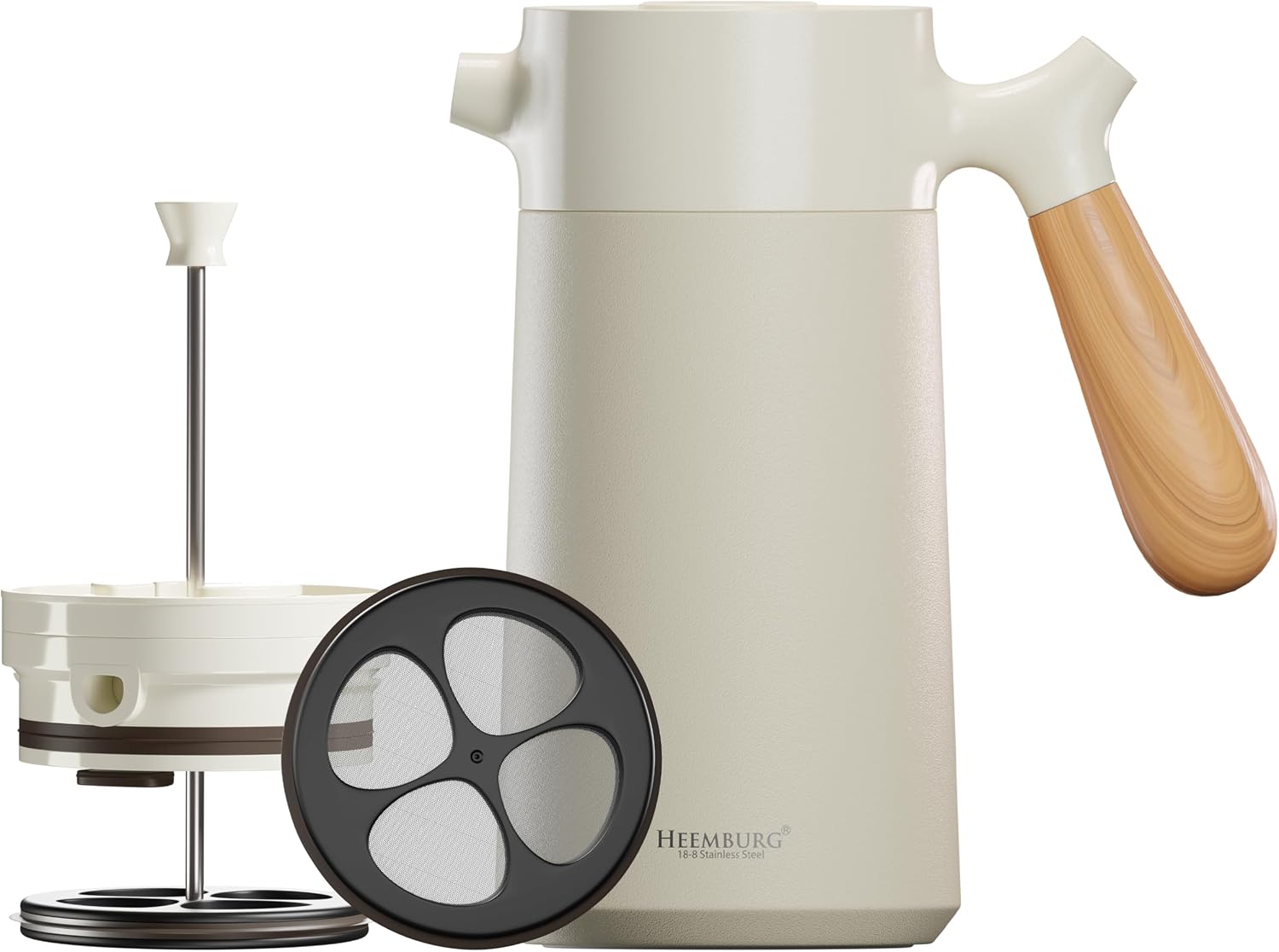 Heemburg French Press Coffee Maker Cafetiere Thermo Double Wall Insulated Vacuum Stainless Steel Manual Brewer (White)