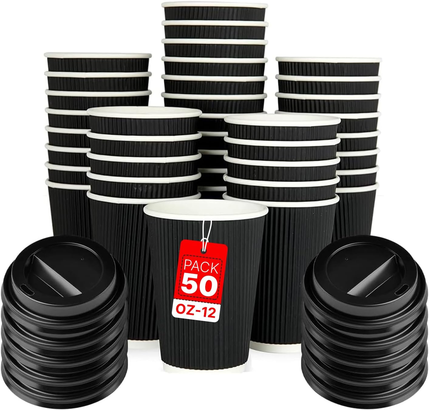 Zuvo [50 Pack Takeaway Coffee Cups with Lids | Disposable Insulated Triple Wall Ripple Kraft Paper Coffee Cups for Takeaway Coffee, Tea or hot Liquids | Pack of 50 (12 Oz.), Black