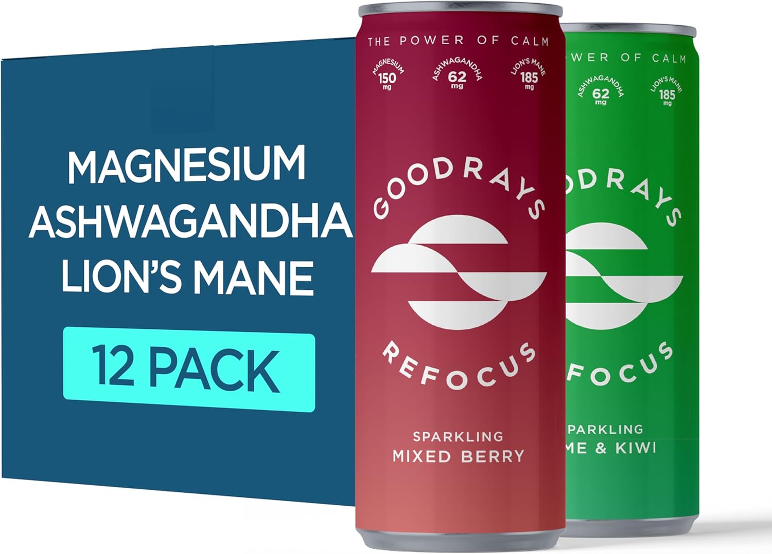 Goodrays Refocus Mixed Pack, Sparkling Functional Drink with Magnesium Citrate, Lion's Mane Mushroom, Ashwagandha and Vitamin D, Low Calorie, Lime & Kiwi, Mixed Berry 12 x 250ml
