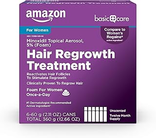 Amazon Basic Care Hair Regrowth Treatment For Women, Minoxidil 5% Topical Aerosol (Foam), 12 Month Supply, Unscented, 2.11 ounce (Pack of 6)