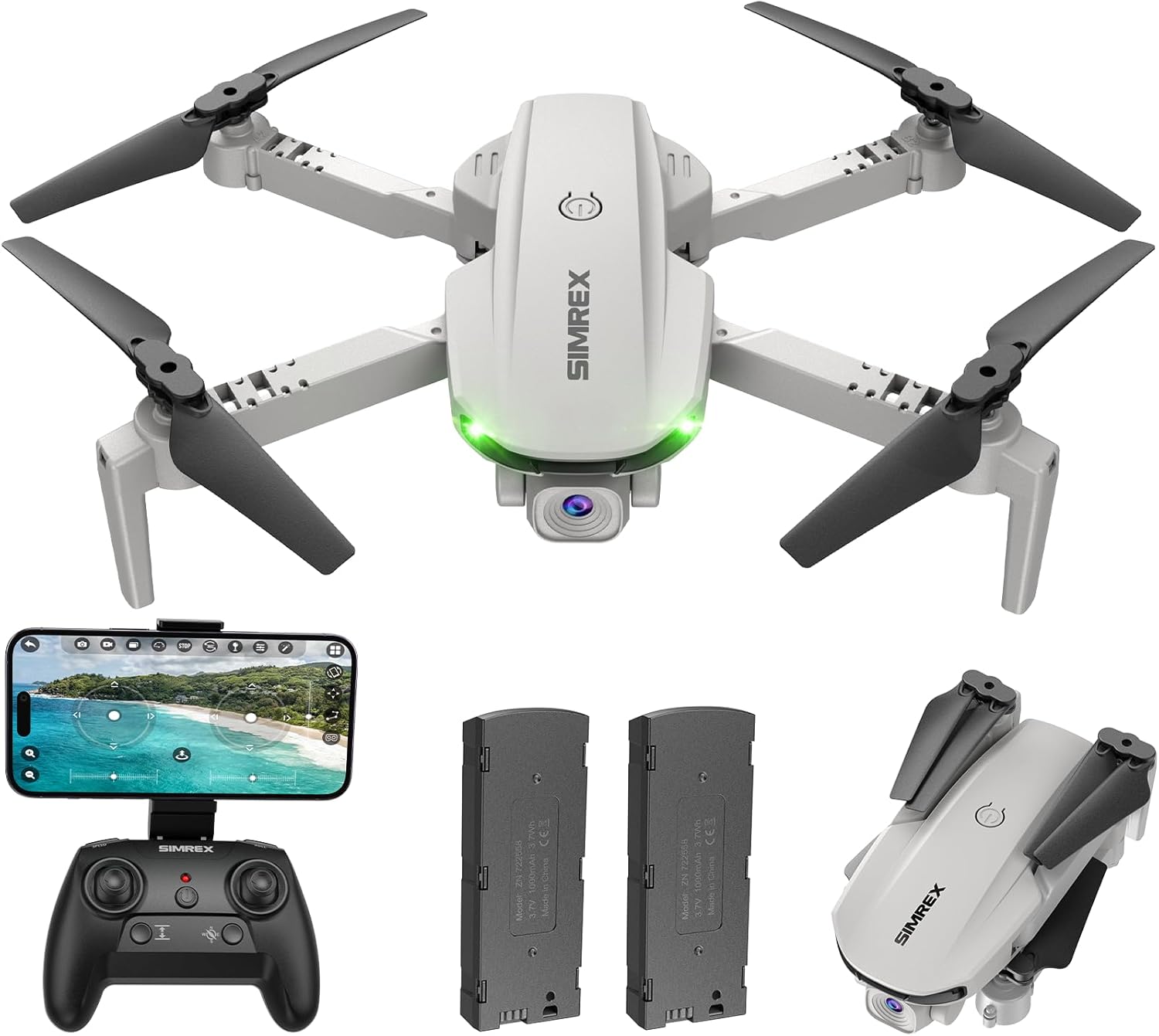 SIMREX Drone With 1080P Camera for Kids Adults, Mini RC Quadcopter Foldable, One Key Start, Waypoint Fly, Headless Mode, Auto-Follow, 3D Flip, 3 Speeds, 2 Batteries, Easy for Beginners, Grey