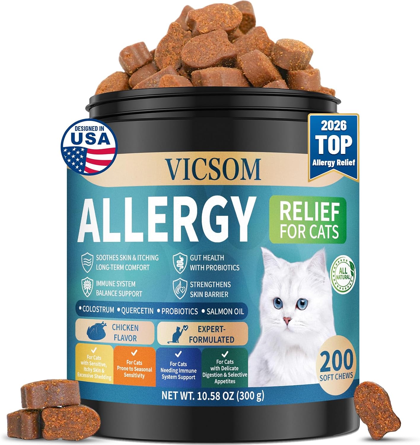 Cat Allergy Relief for Cats, 200 Cat Itchy Skin Allergy Relief Chews for Immune Support & Seasonal Allergies, Anti-Itch Relief for Cats Paws, Eyes, Ears, Stop Licking & Scratching, Chicken Flavor