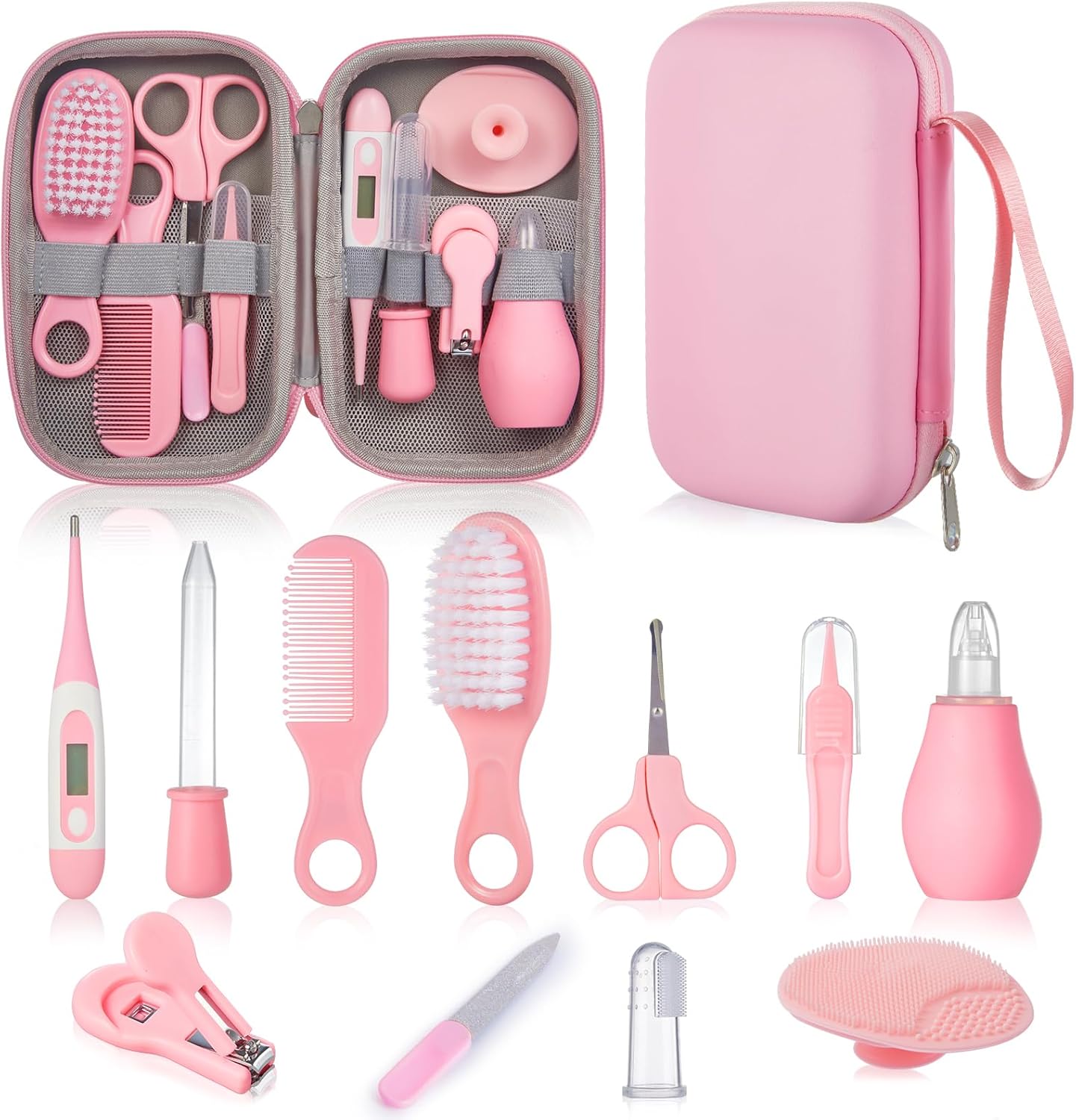 12pcs Baby Healthcare and Grooming Kit, Newborn Essentials Stuff, Baby Safety Health Nursery Care Set with Nail Files Clippers, Hair Brush, Comb and More for New Born Infant Toddlers Boys Girls - Pink