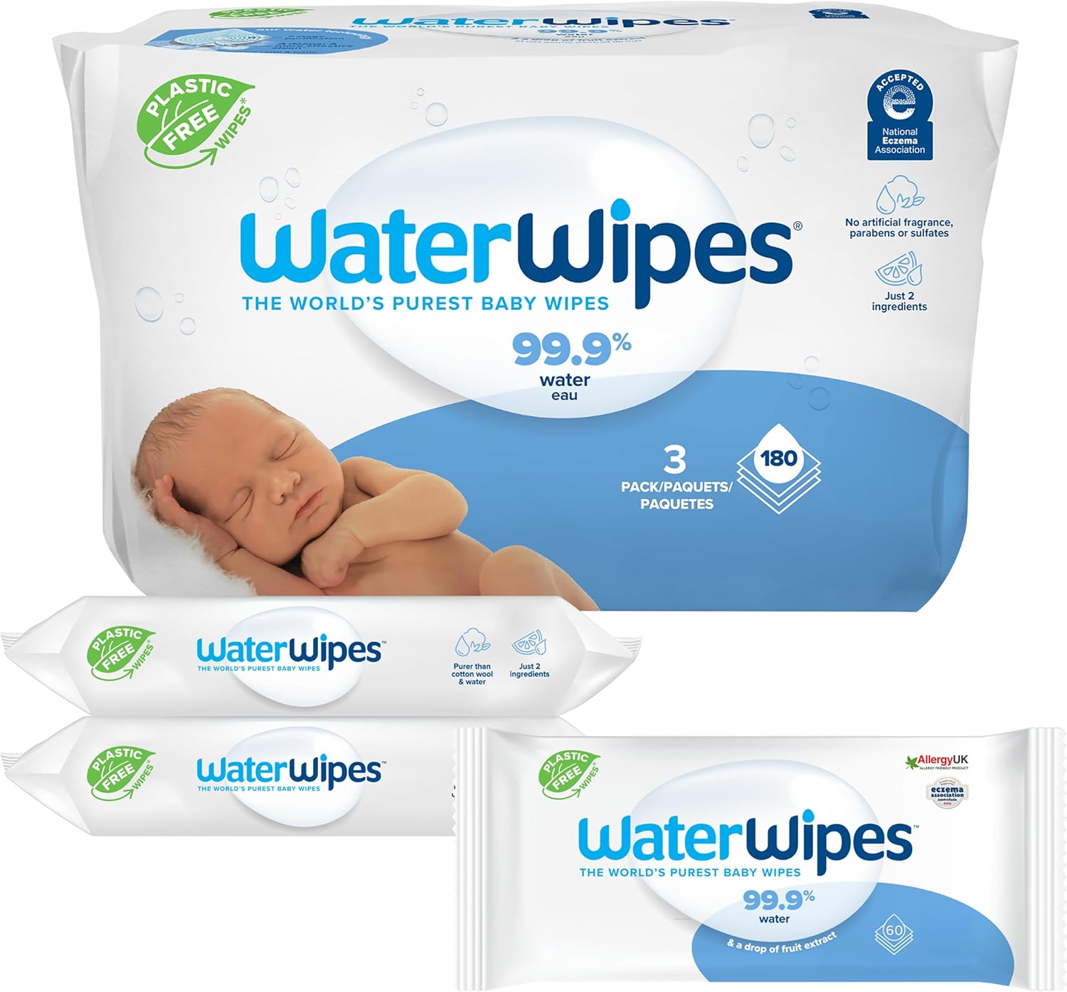 WaterWipes Plastic-Free Original Baby Wipes, 99.9% Water Based Wipes, Unscented & Hypoallergenic for Sensitive Skin, 180 Count (3 packs), Packaging May Vary
