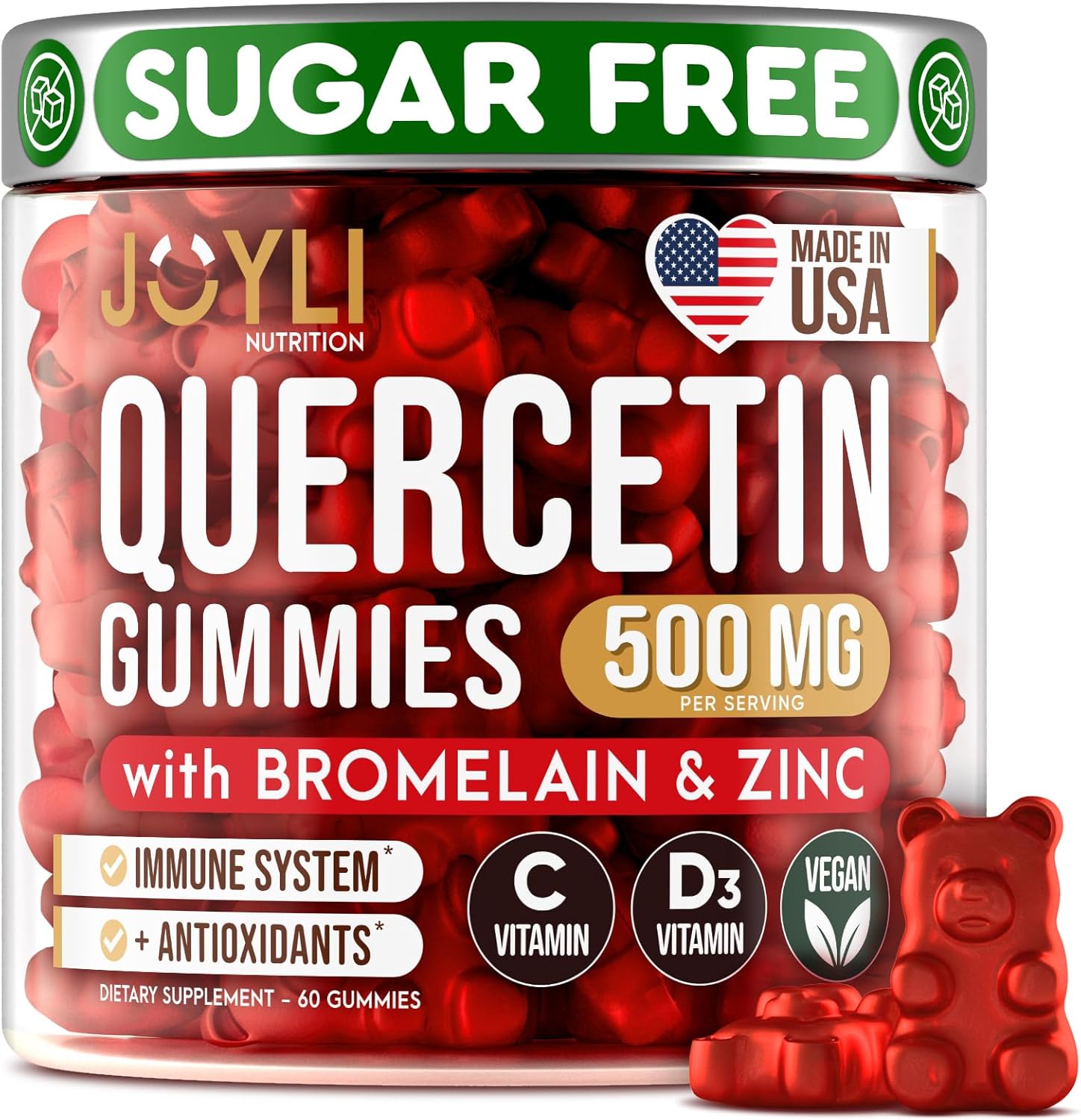 JOYLI Quercetin Gummies - Quercetin with Bromelain Zinc Vitamin C & Vitamin D3 - Quercetin Supplement 500MG for Immune System & Allergy - Quercetin for Kids and Adults - 60 Quercetin Chewable