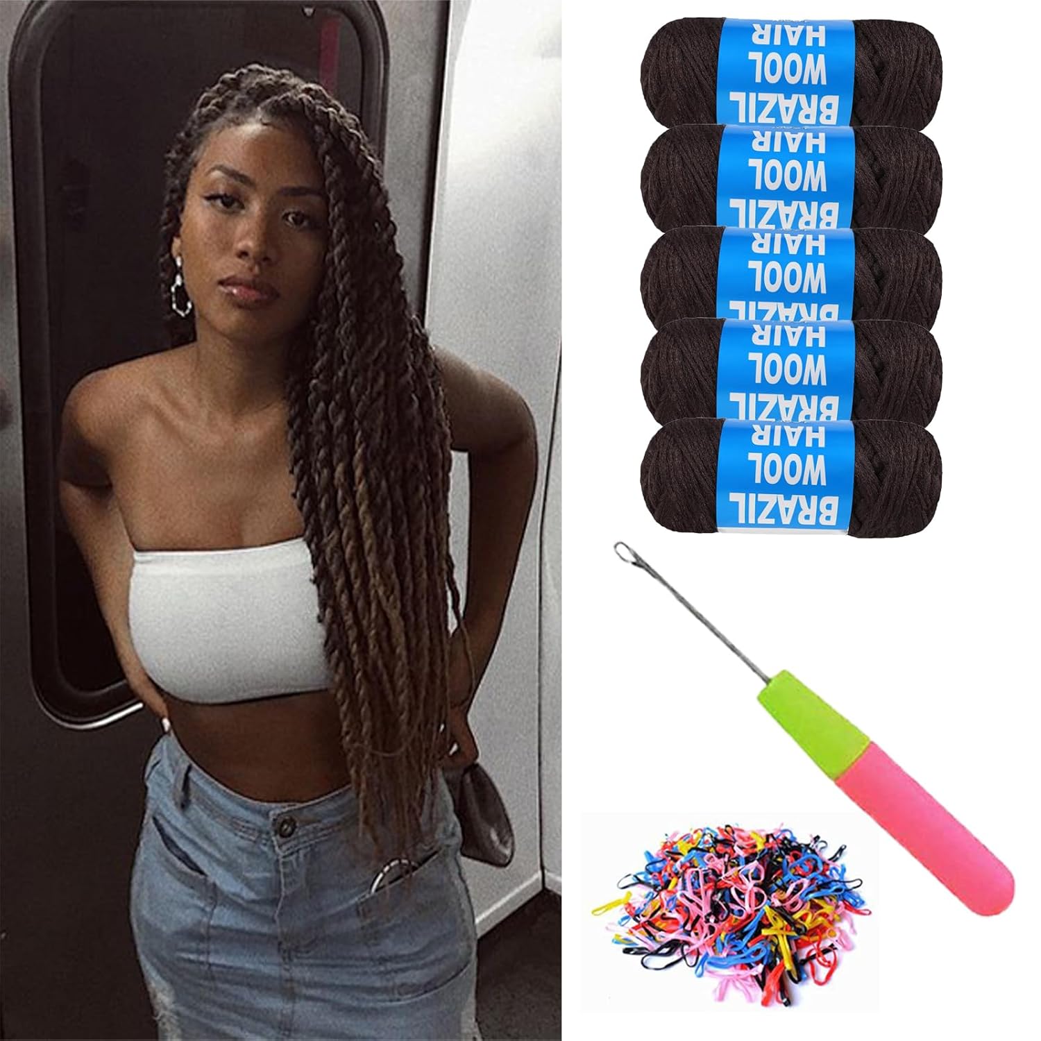 5 Roll Brazilian Wool Hair Yarn for Senegalese Twist Box Braids Faux Locs Jumbo Braids African Hair Braiding Twist Wraps Synthetic Hair Extensions