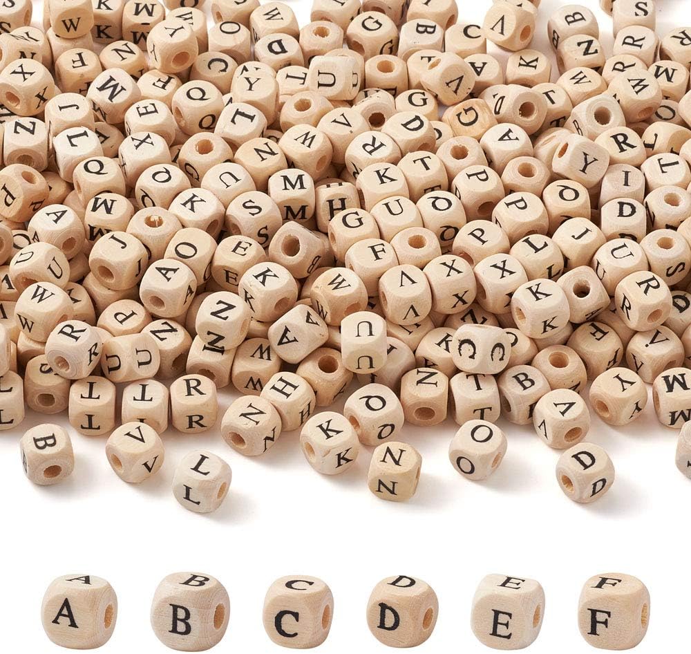 KISSITTY 520pcs/bag Cube Wood Beads with Initial 26 Letters 10mm Natural Square Alphabet Wooden Loose Beads for Jewelry DIY Crafts Making PapayaWhip