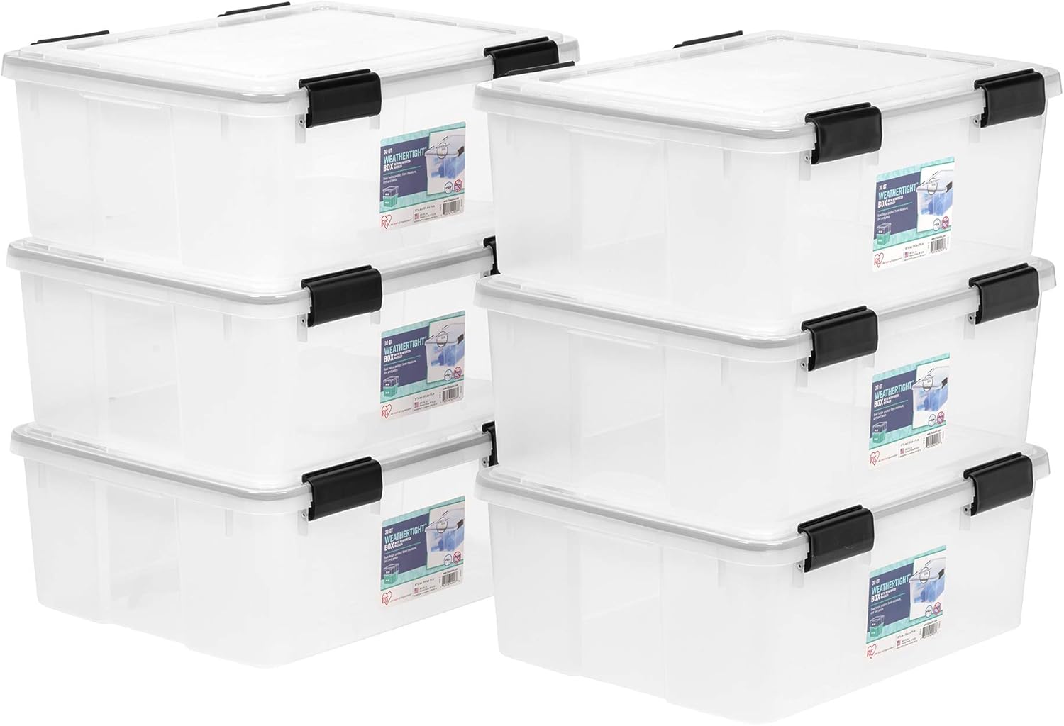 IRIS USA WeatherPro 31 Qt Storage Bins with Lids, 6 Pack, BPA-Free Plastic Gasket Box with Tight Latch and Seal, Stackable Nestable Tote Tub - Clear/Black
