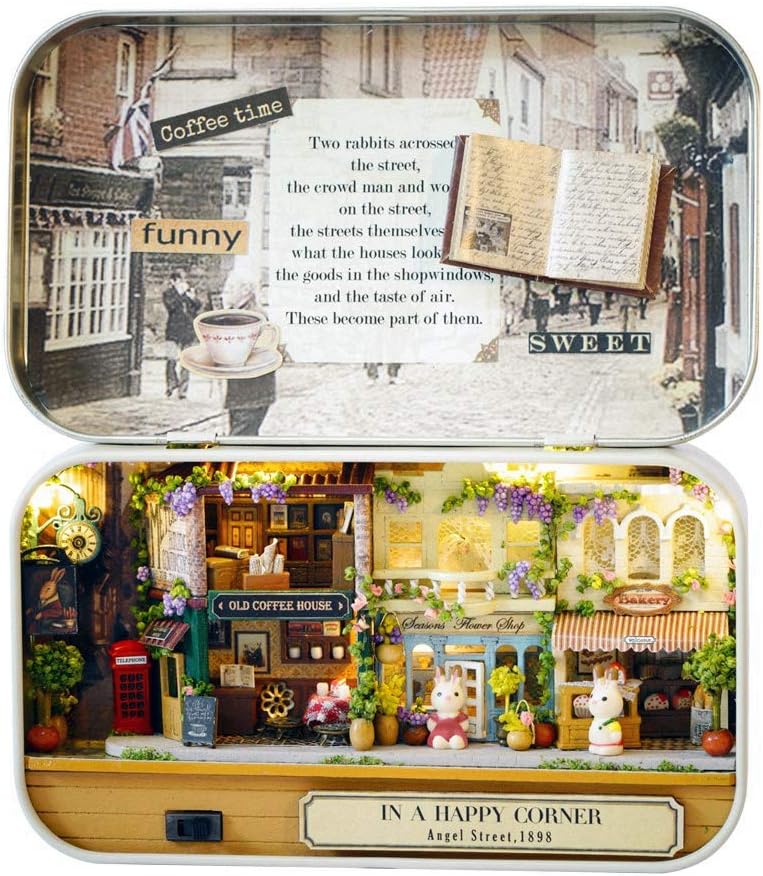 DIY Dollhouse, Dollhouse Miniature Handmade Box, Miniature House Kit to Build, Gifts for Friends Parents, (happy street corner)
