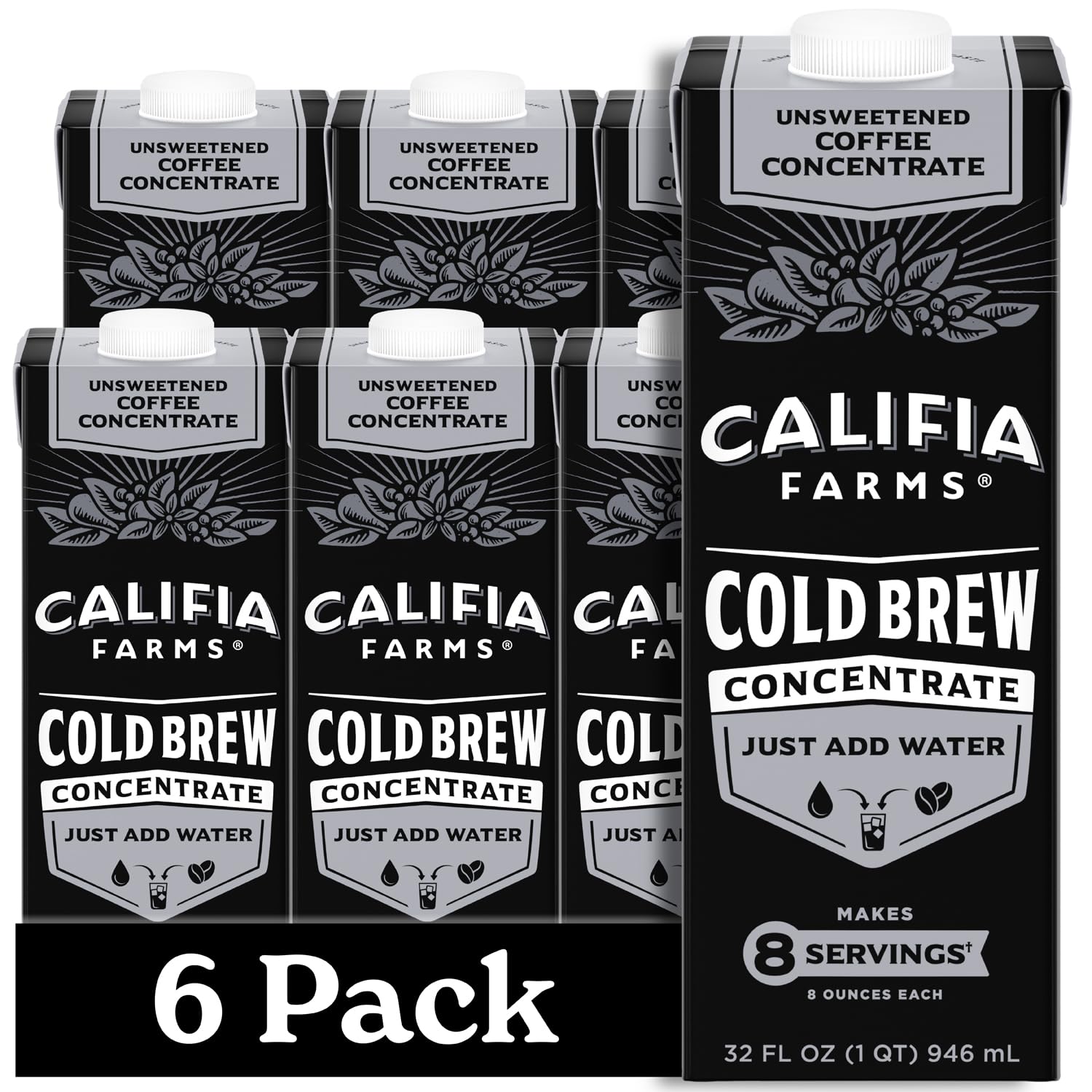 Califia Farms - Unsweetened Cold Brew Coffee Concentrate, 32 Fl Oz (Pack of 6), 100% Arabica, Shelf Stable, Plant Based, Vegan, Gluten Free, Non GMO, Sugar Free, Iced Coffee