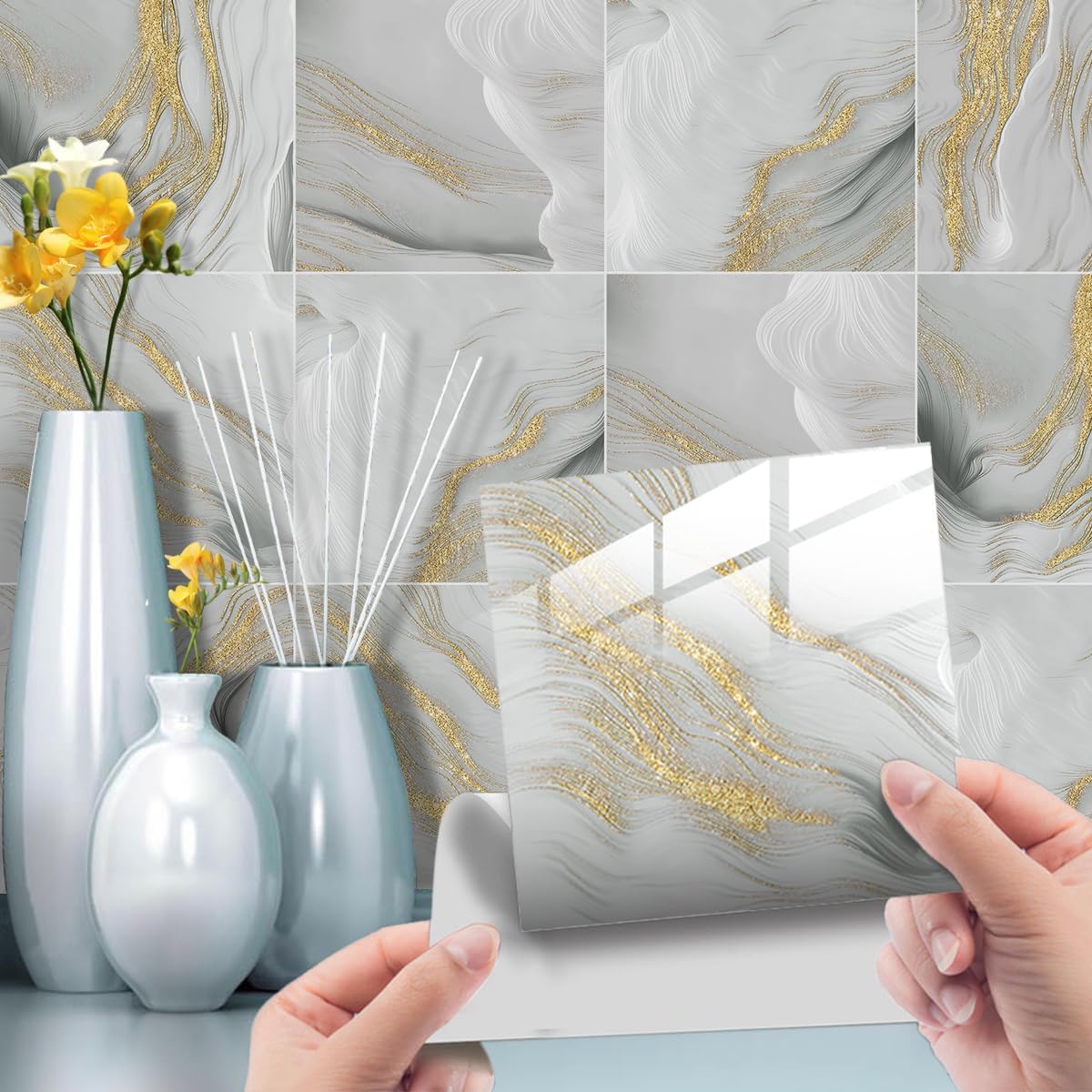HORIWE Marble Tile Stickers Vintage Floor Wall Decal Sticker Adhesive Tile Art DIY Kitchen Bathroom Backsplash Home Decor PVC Waterproof Oil Proof New 4x4 Inches 20pc
