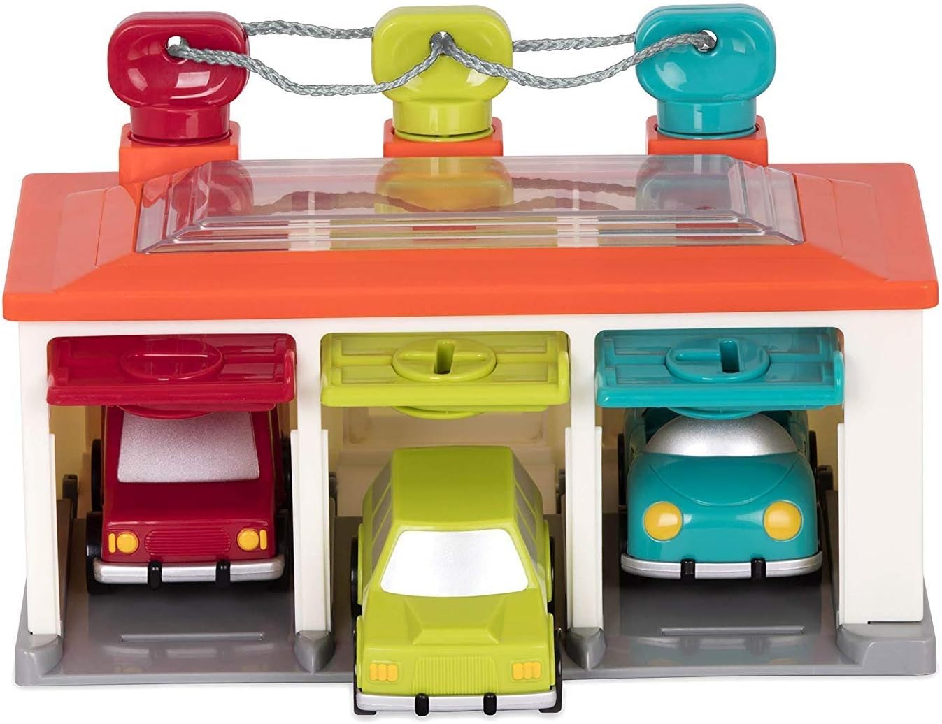 Battat - 3 Car Garage - Shape Sorting Toy Garage with Keys and 3 Toy Cars for Toddlers 2 years + (5-Pcs), Red