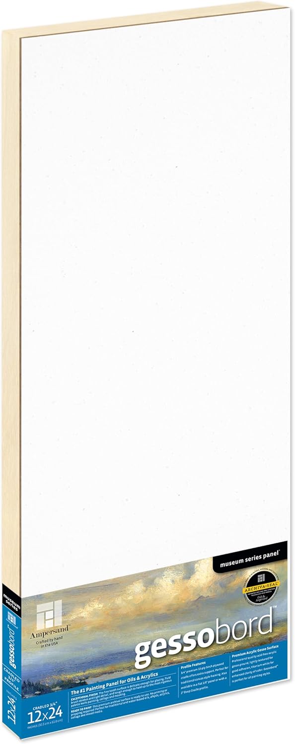 Ampersand Art Supply Gesso Wood Painting Panel: Museum Series Gessobord, 12" x 24", 3/4" Cradled Profile