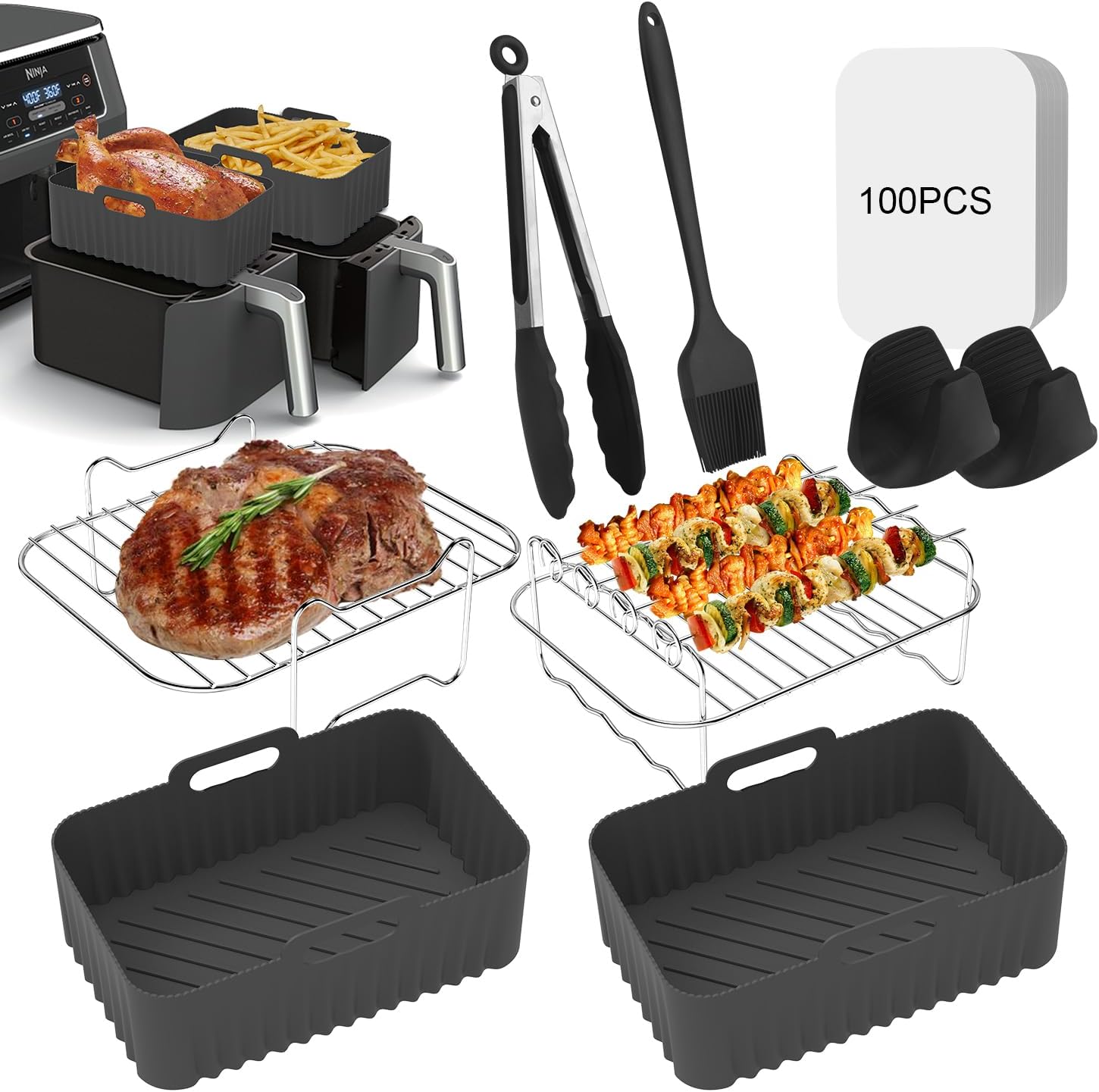 Large Size Air Fryer Accessories, 9Pcs Dual Air Fryer Accessories for Ninja Foodi Dual AF400UK AF451UK & Other 9.5LDual Zone Air Fryers, Upgraded Silicone Air Fryer Liner