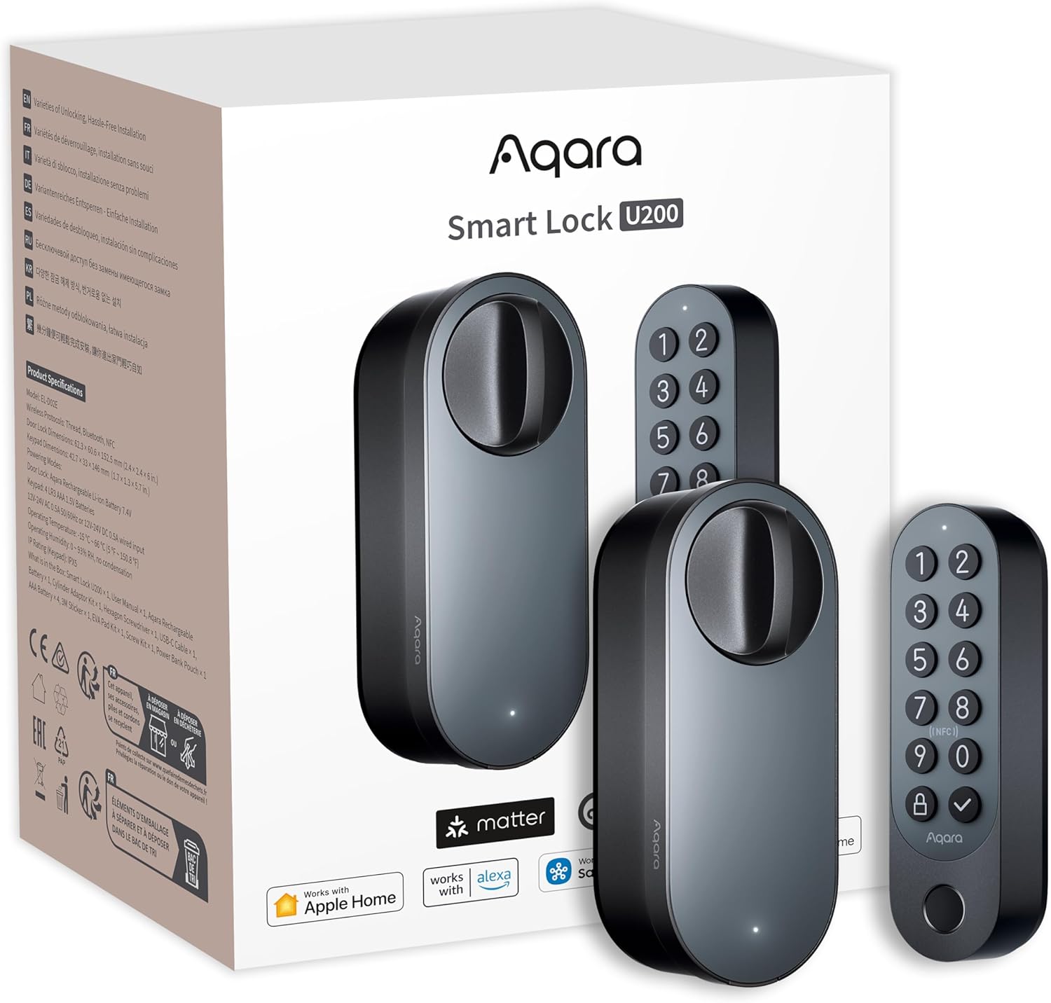 Aqara Smart Lock U200 (Fingerprint Keypad Included), Matter over Thread, Smart Door Lock with Apple Home Key and Rechargeable Battery, Supports Apple, Google Home, Alexa and SmartThings, Black