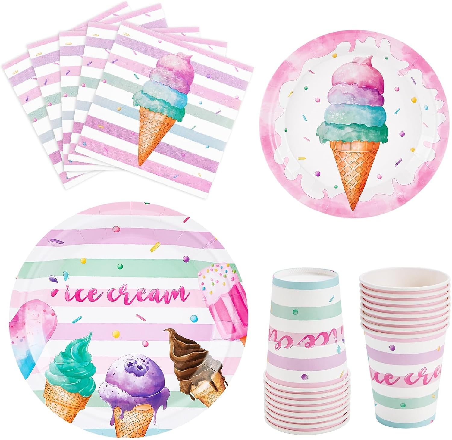 WERNNSAI Summer Ice Cream Party Supplies Set for Girls Birthday Baby Shower Party Tableware Set with 64 Disposable Plates Cups Napkins for 16 Guests