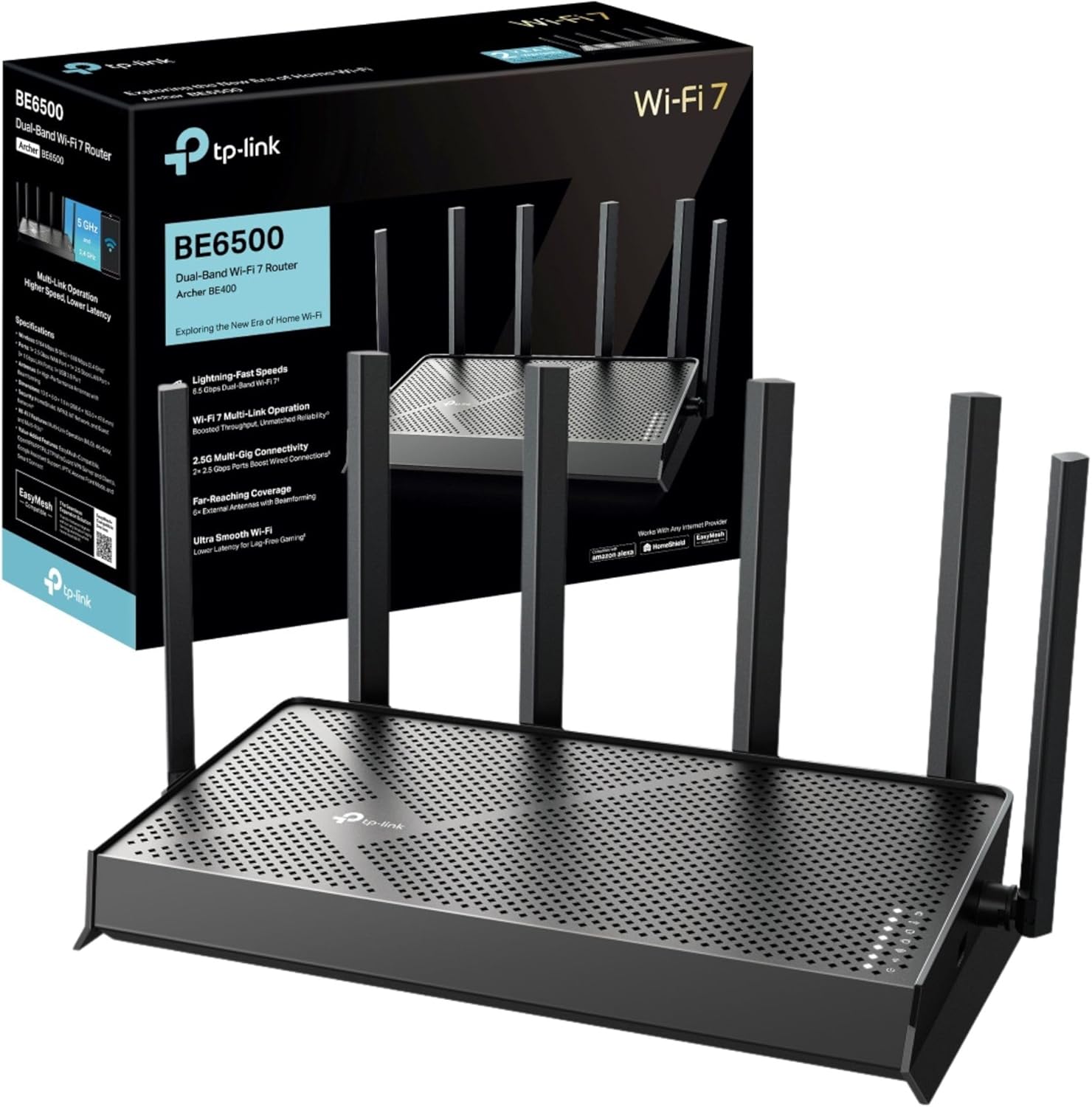 TP-Link Archer BE400, BE6500 Dual-Band WiFi 7 Router, 6.5Gbps Lightning-Fast Speeds, 2.5Gbps Wired Connection, Easy Mesh Compatible WiFi Router, 8K Streaming, HomeShield, Works with Google Assistant