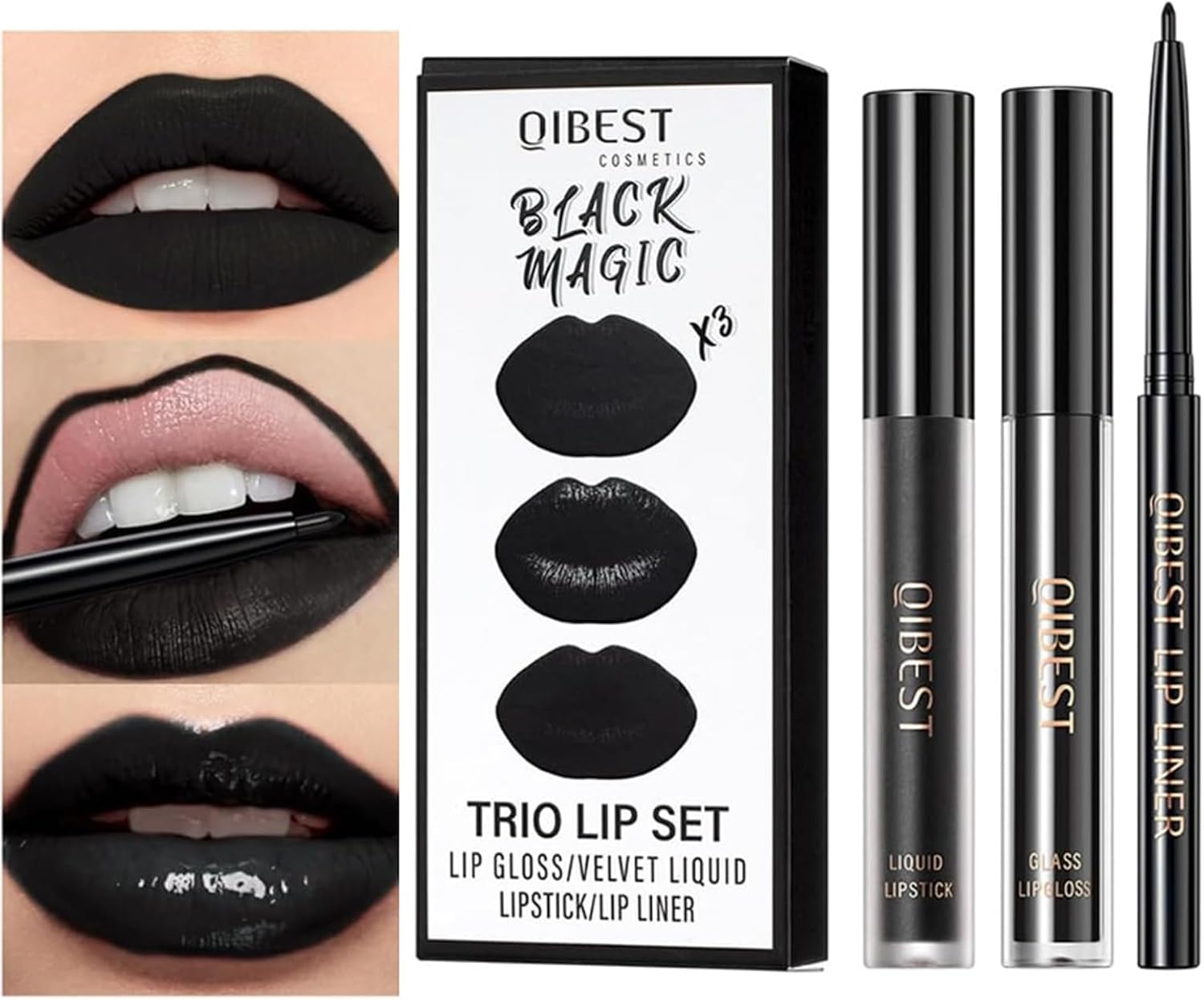 3Pcs Black Matte Liquid Lipstick,High-Pigment Lip Colors,3 in 1 Black Lipstick and Lip Liner Lip Gloss Trio Lip Set Moisturizing Velvet Long-Lasting Waterproof Lip Makeup Set for Women and Girls