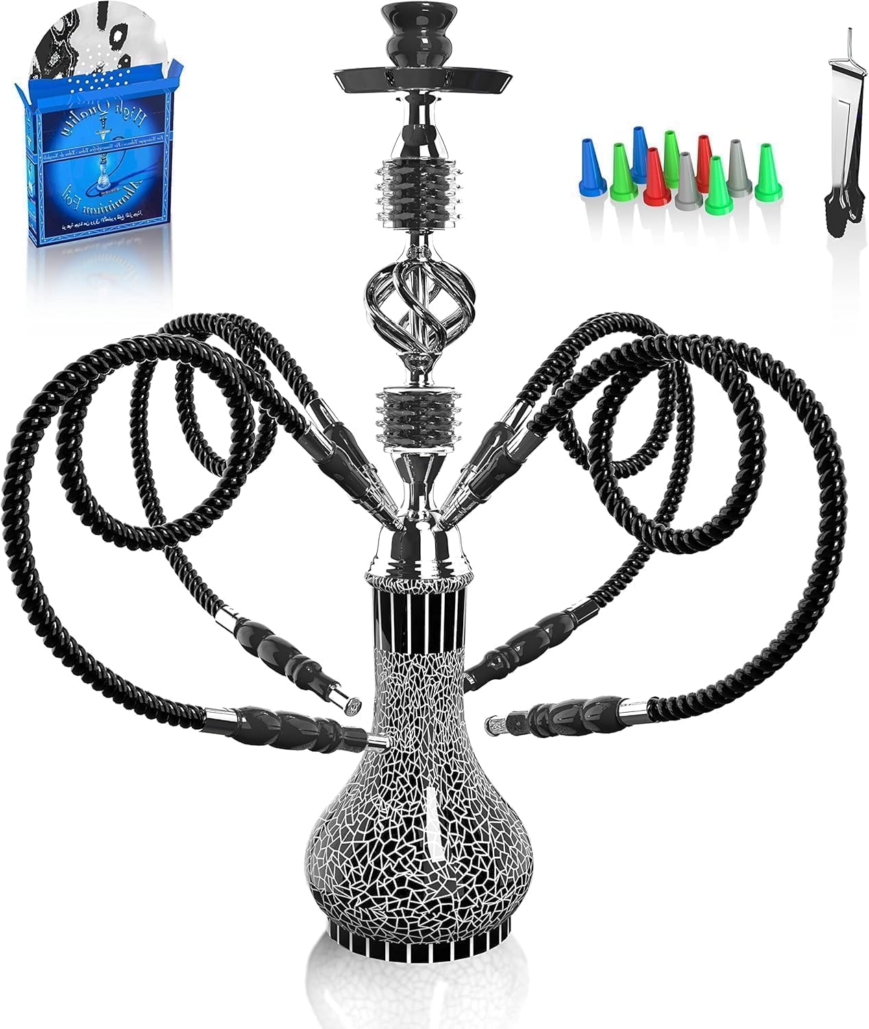 Kiseely Hookah Complete Set with 4 Hose, 22'' Large Shisha Kit for Up to 4 Persons with Everything Included, Ceramic Bowl | Premium Hose | Beautiful Glass Vase (Black OS1)