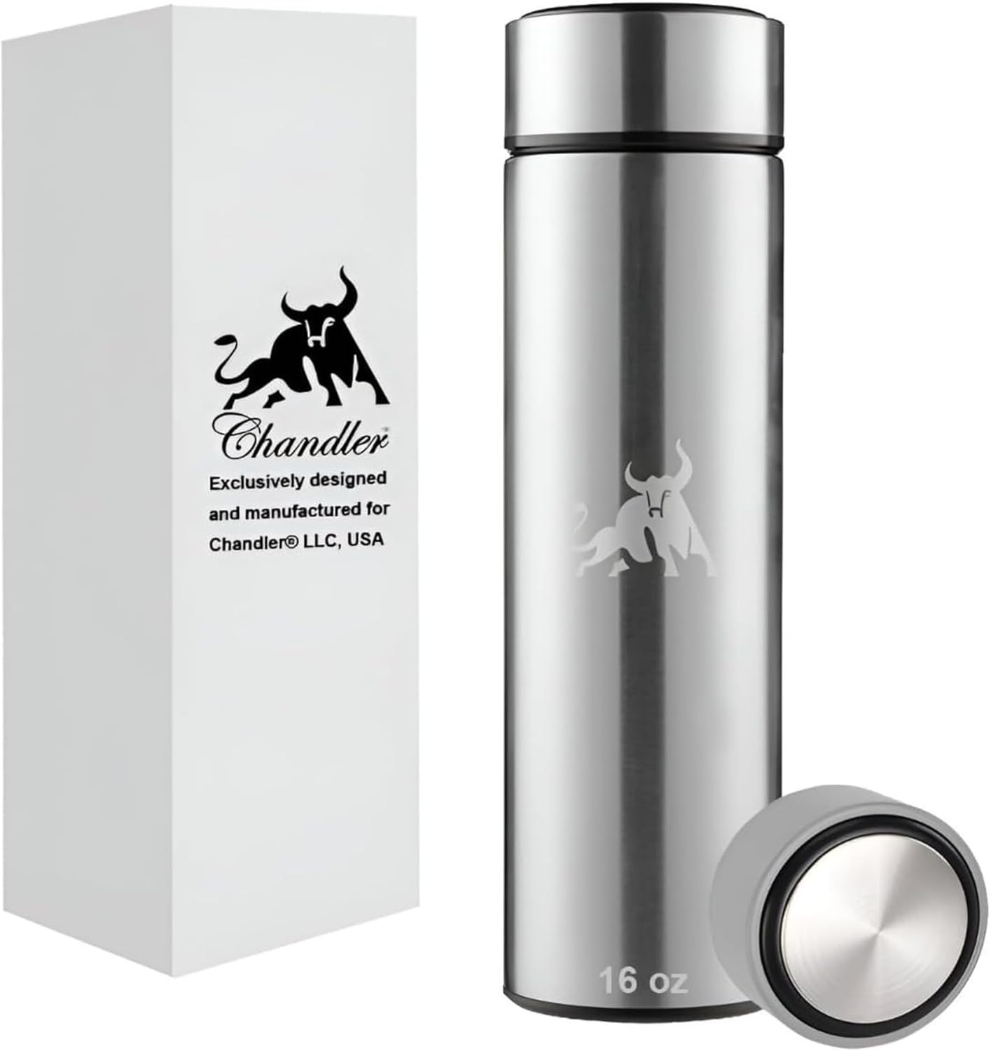 Chandler Stainless Steel Vacuum Bottle 16 OZ – Insulated for Hot and Cold Coffee, Tea & Beverages – Fits in Cars Holders – Spill-Free Travel Mug with Press-In Lid - Silver