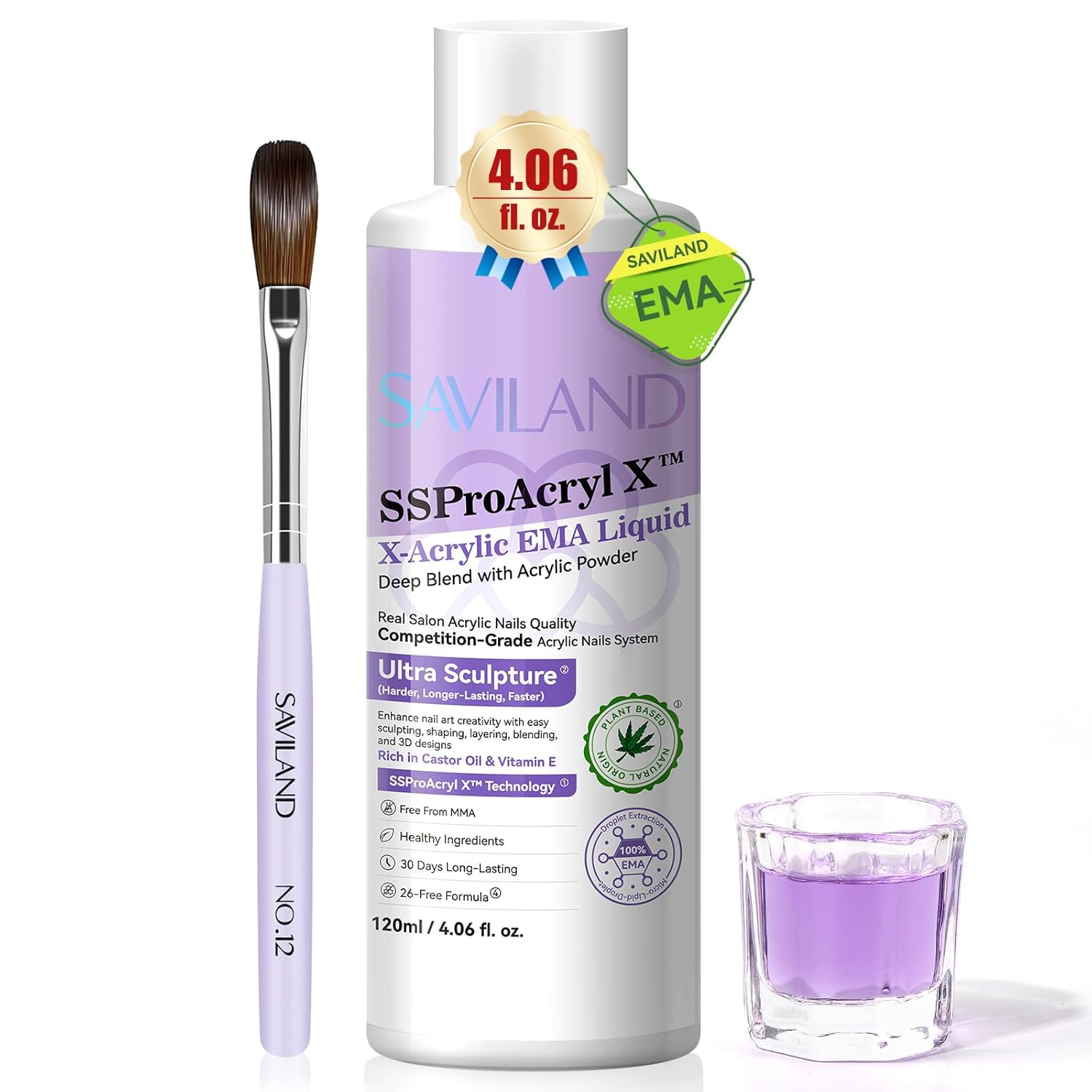 SAVILAND Monomer Acrylic Nail Liquid: 4 oz Acrylic Monomer for Nails Extension with 12# Nail Brush Dappen Dish for Beginners DIY at Home Professional Salon Use