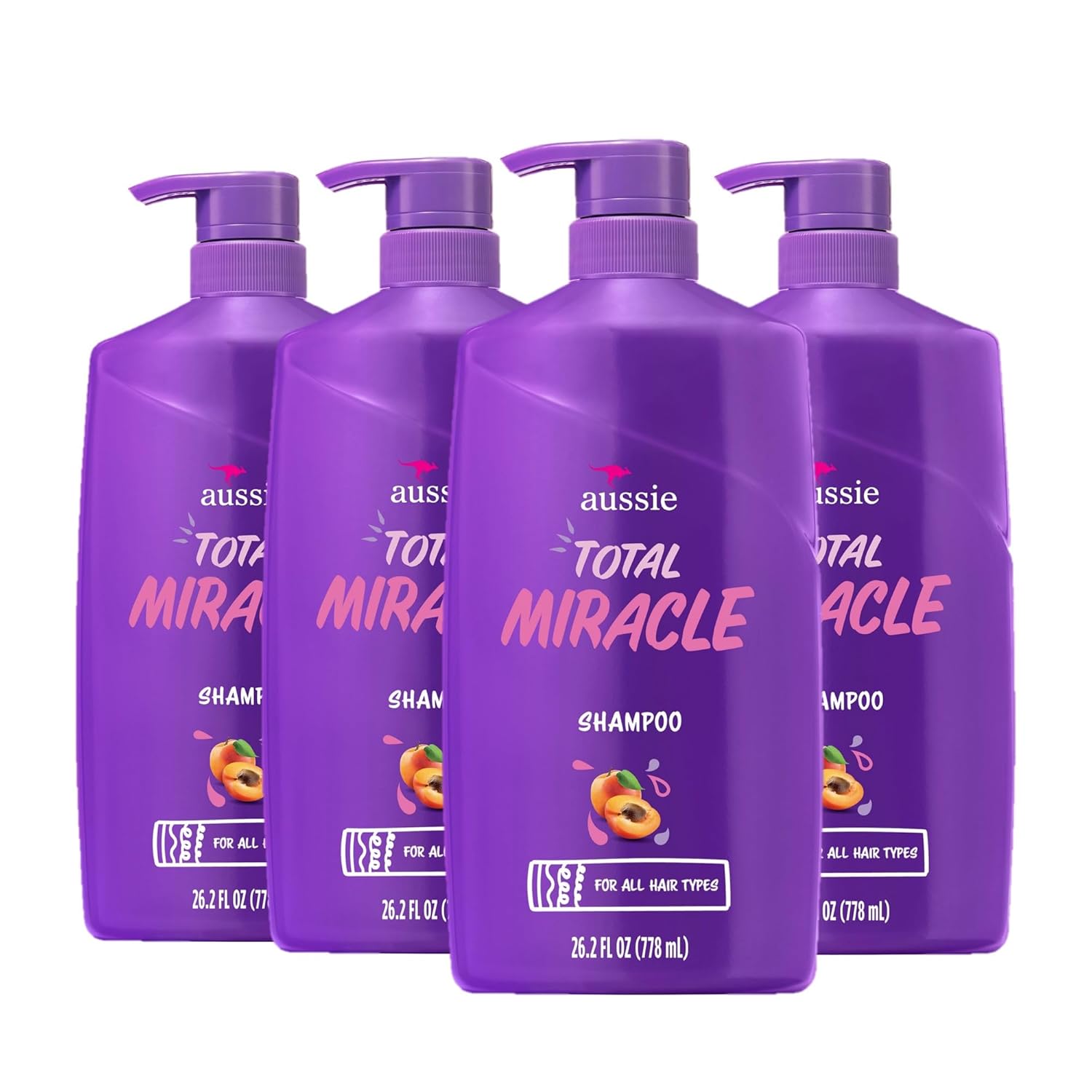 Aussie Total Miracle with Apricot & Macadamia Oil, Paraben Free Shampoo, 26.2 fl oz Pack of 4