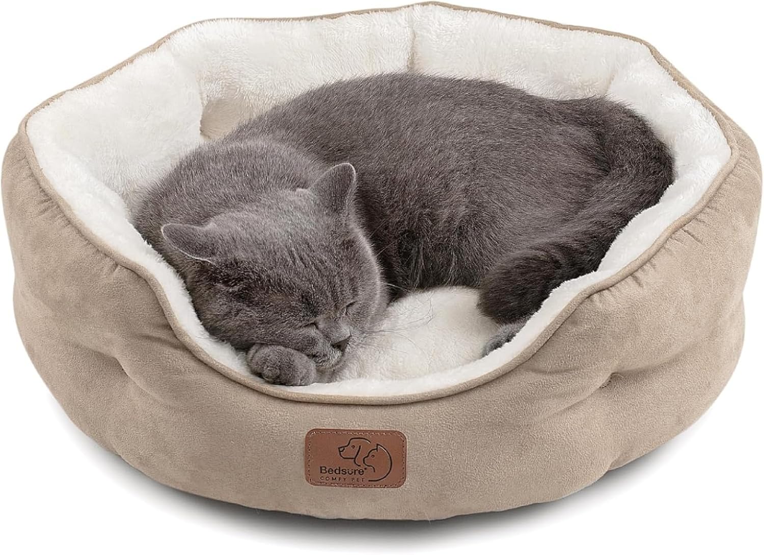 Bedsure Dog Beds for Small Dogs - Round Cat Beds for Indoor Cats, Washable Pet Bed for Puppy and Kitten with Slip-Resistant Bottom, 20 Inches, Camel