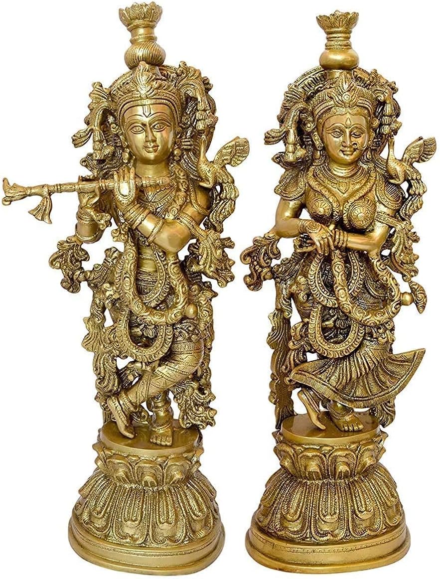 Radha Krishna Brass Statue Pair | Home Decor/Krishna Playing Flute/Krishna Brass Statue/Krishna Brass Idol, Golden