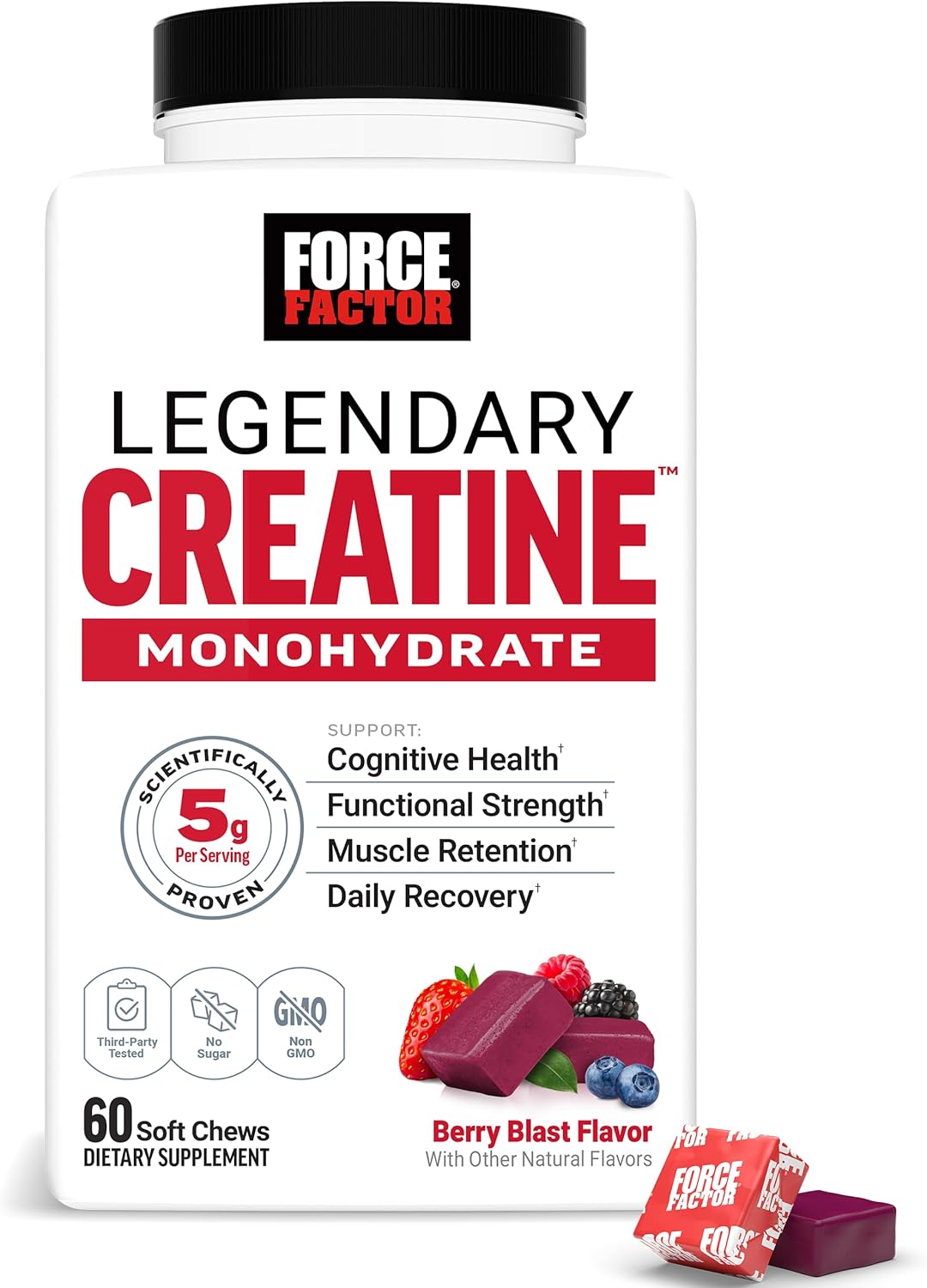 FORCE FACTOR Legendary Creatine Chews, 5g Creatine Monohydrate, Build Muscle, Improve Strength & Recovery, Support Memory & Cognitive Function, Sugar Free, Berry Blast, 60 Soft Chews