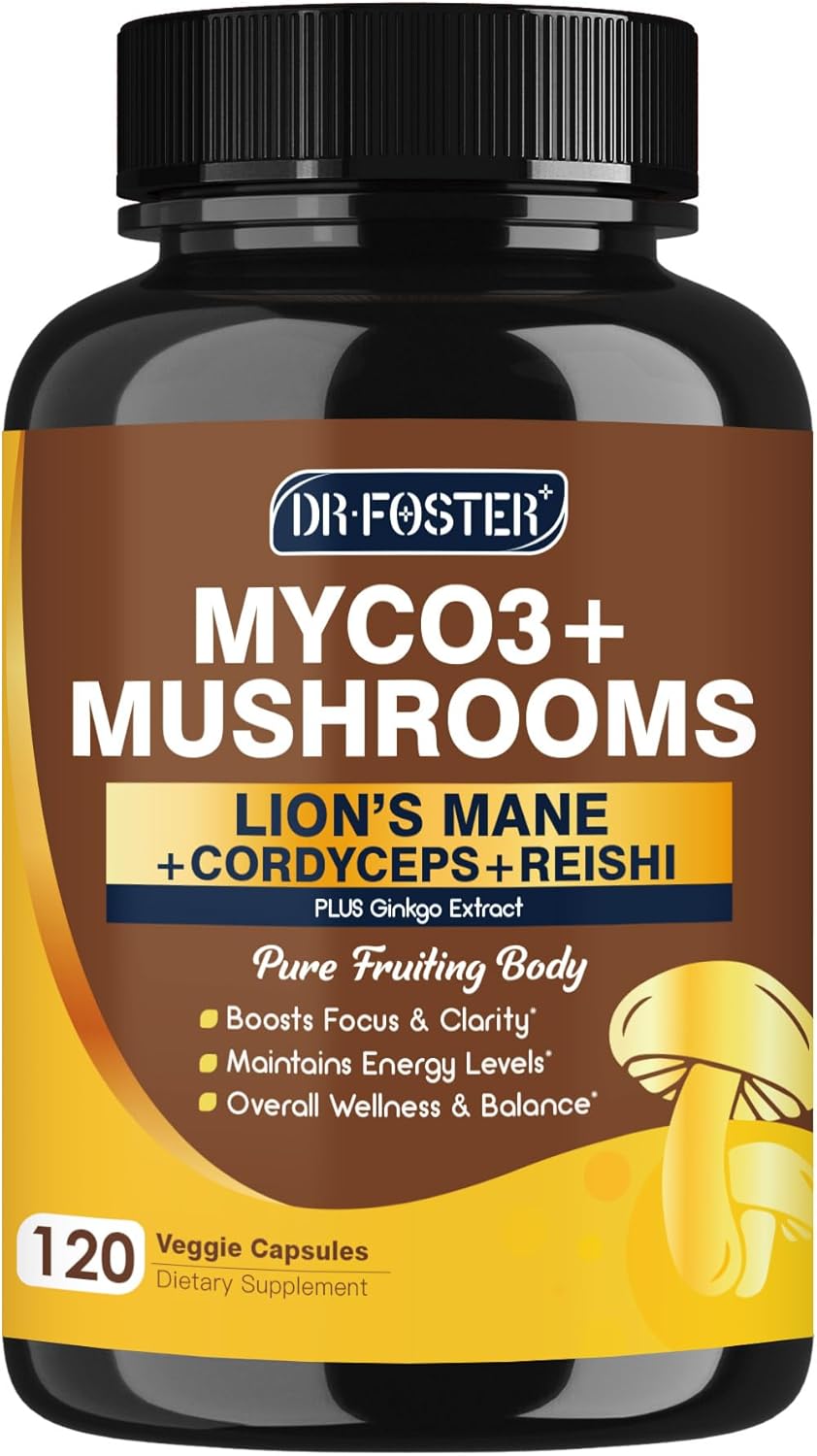 DRFOSTER Lions Mane Supplement Capsules - MYCO3+ Mushrooms with Cordyceps, Reishi & Ginkgo Biloba for Brain & Energy - 120 Caps