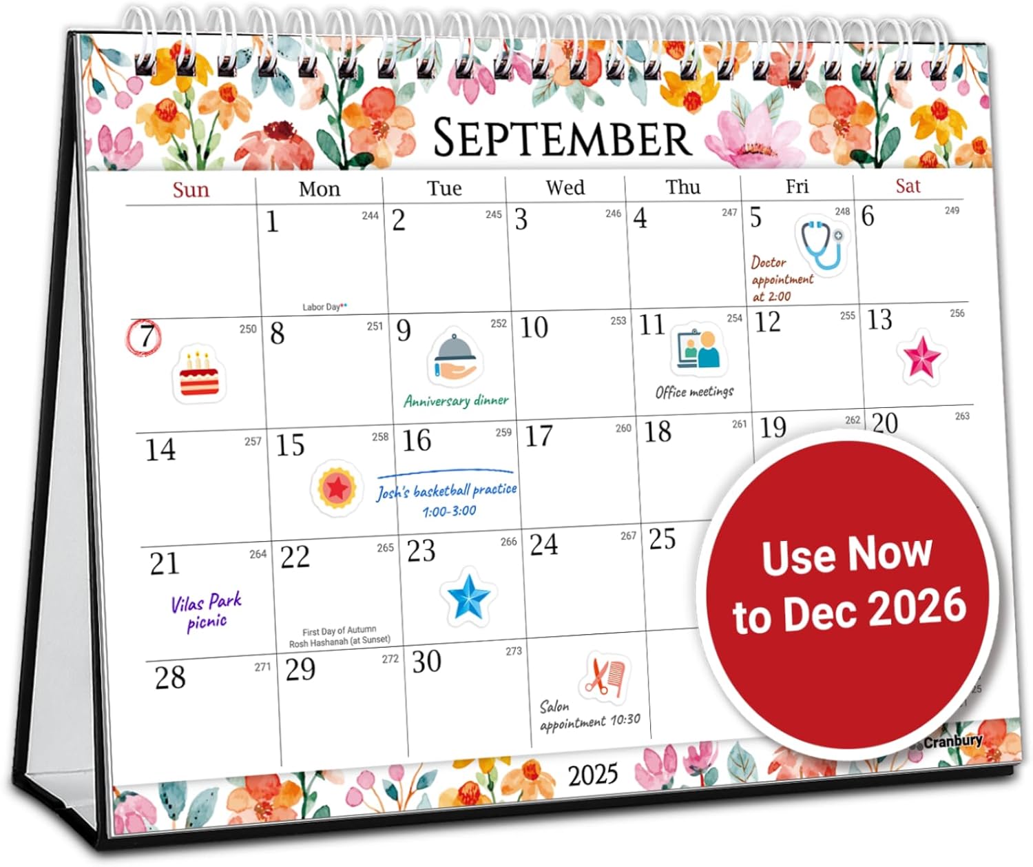 CRANBURY Small Desk Calendar 2025-2026, Standing Flip 8x6", (Floral) Use Now to Dec 2026, Compact Stand-Up Desktop Calendar with Large Squares, Notes Section, Includes 234 Stickers