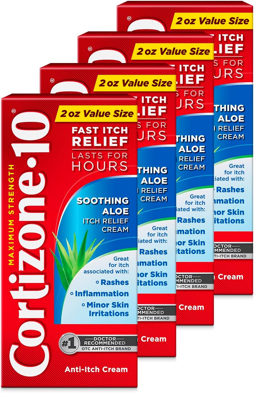Cortizone-10 Maximum Strength Soothing Aloe Itch Relief Cream, 1% Hydrocortisone, Fast-Acting, Anti-Itch Cream for Bug Bites, Rash, Eczema, Psoriasis, Poison Ivy, Oak, Sumac, 2 oz (Pack of 4)