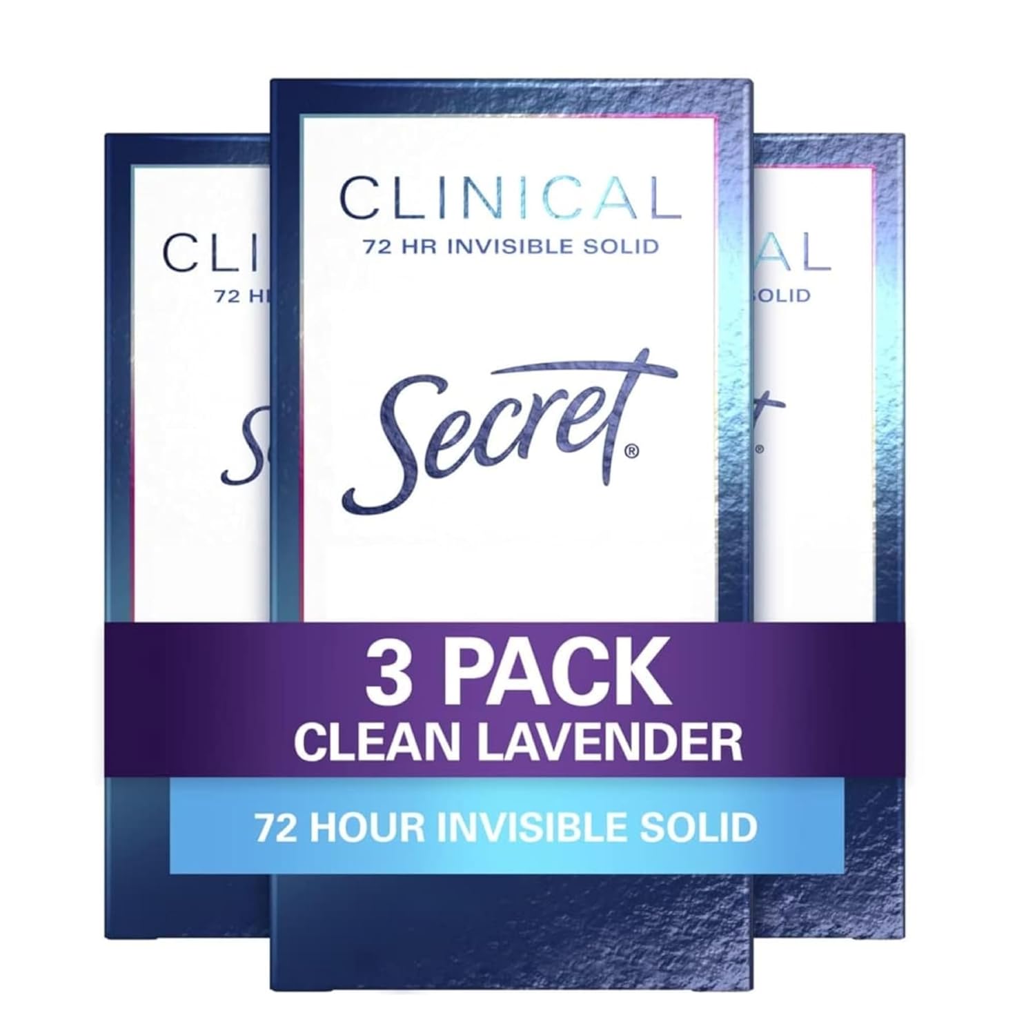 Secret Clinical Strength Antiperspirant Deodorant for Women, 3X Stress Protection, 72hr Sweat & Odor Protection, PH Balancing Minerals, lnvisible Solid, Clean Lavender Scent, 1.6 oz (Pack of 3)