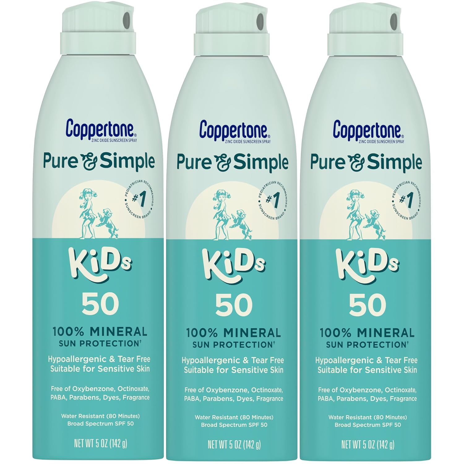 Coppertone Pure and Simple Kids Spray Sunscreen, SPF 50 Broad Spectrum Sunscreen for Kids, 5 Oz, Pack of 3